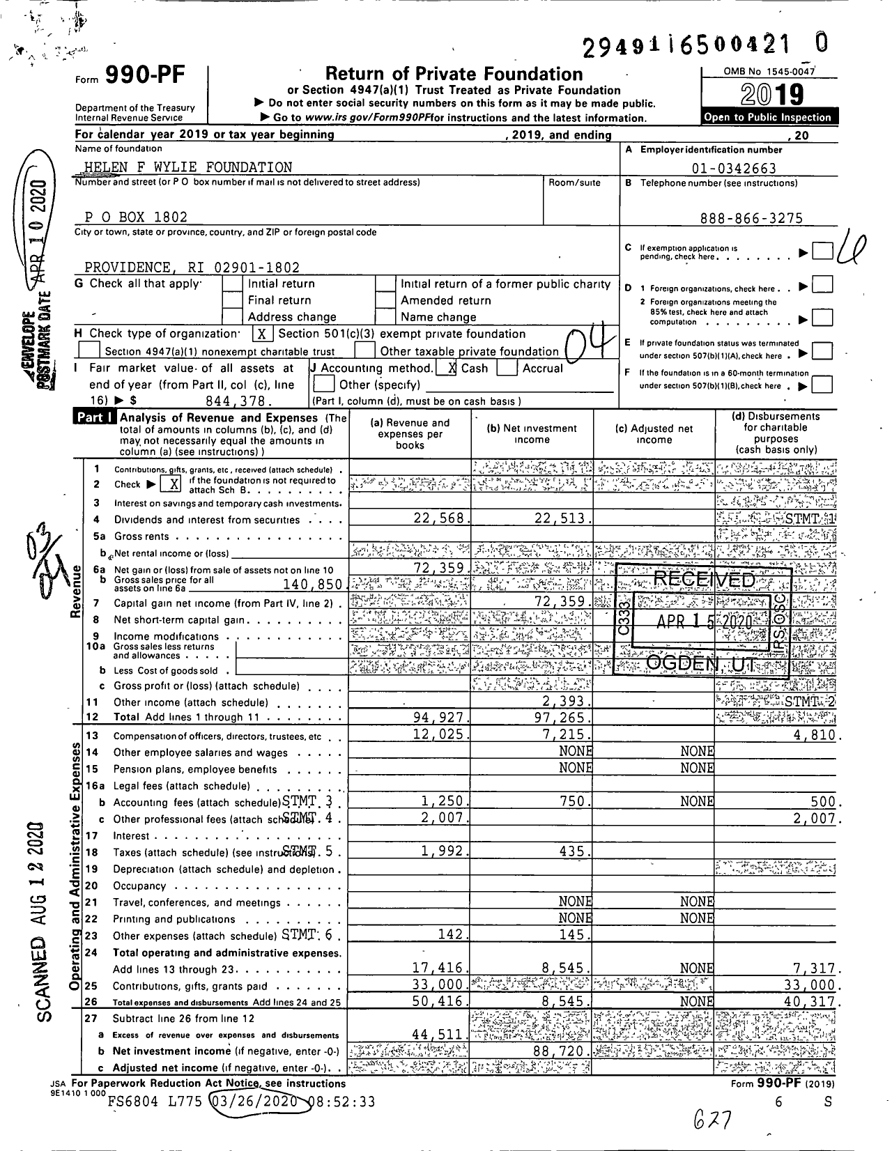 Image of first page of 2019 Form 990PR for Helen F Wylie Foundation