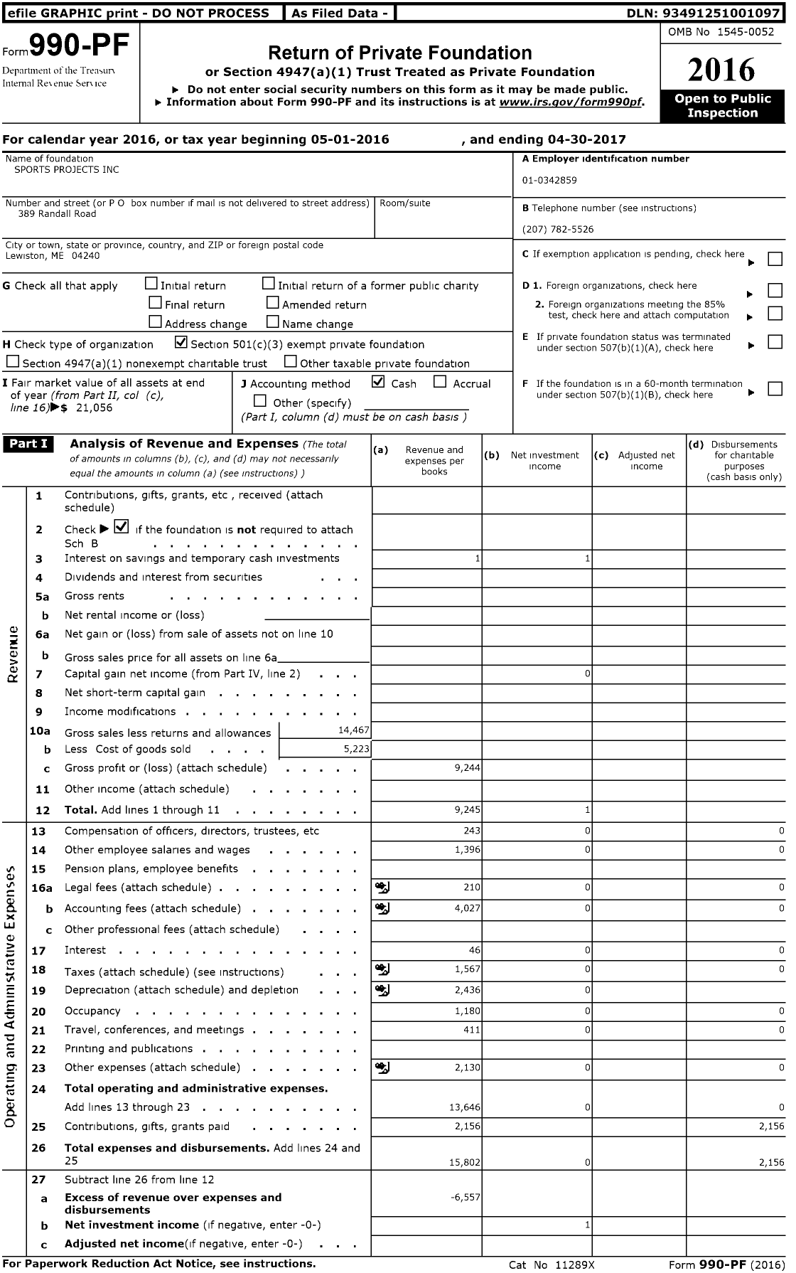 Image of first page of 2016 Form 990PF for Sports Projects