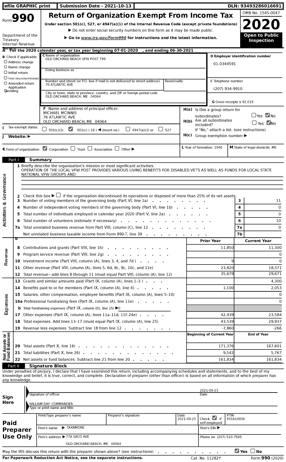 Image of first page of 2020 Form 990 for Veterans of Foreign Wars of the United States Dept of Maine - 7997 Old Orchard BCH Memorial Post