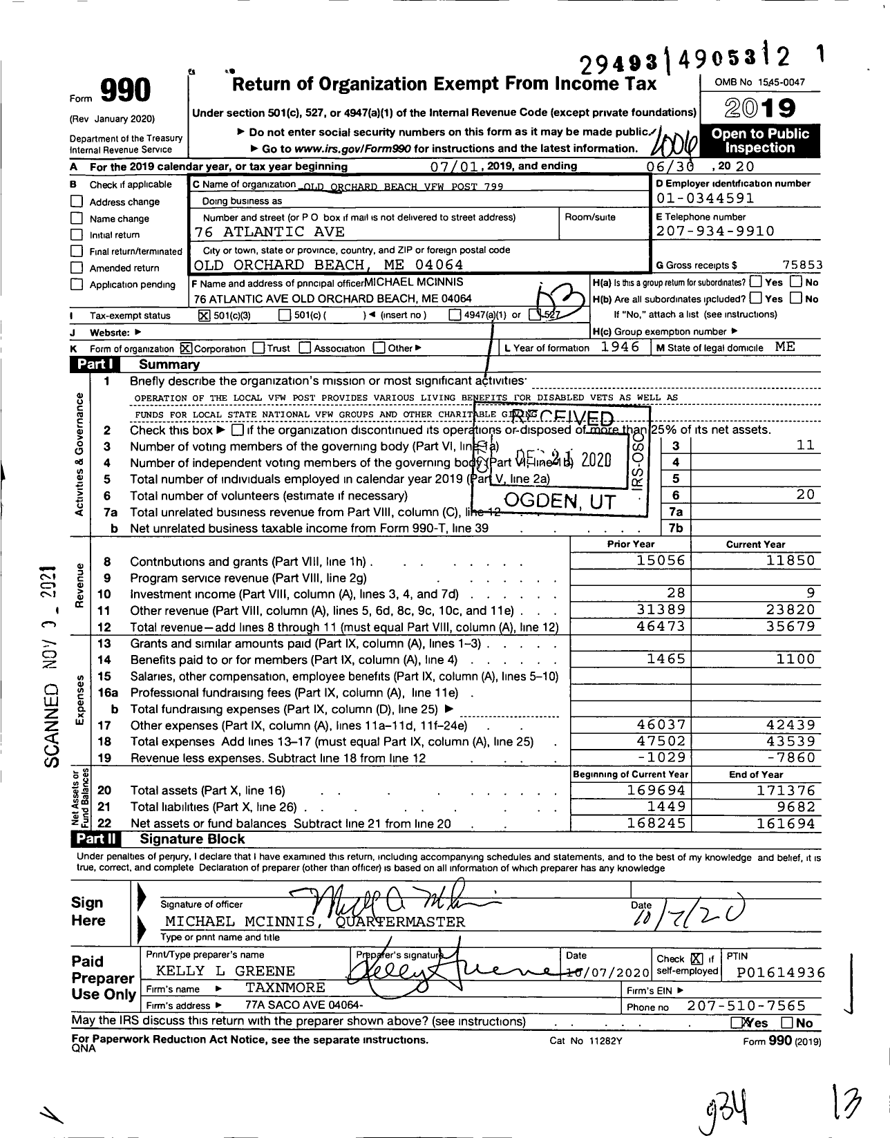 Image of first page of 2019 Form 990 for Veterans of Foreign Wars of the United States Dept of Maine - 7997 Old Orchard BCH Memorial Post