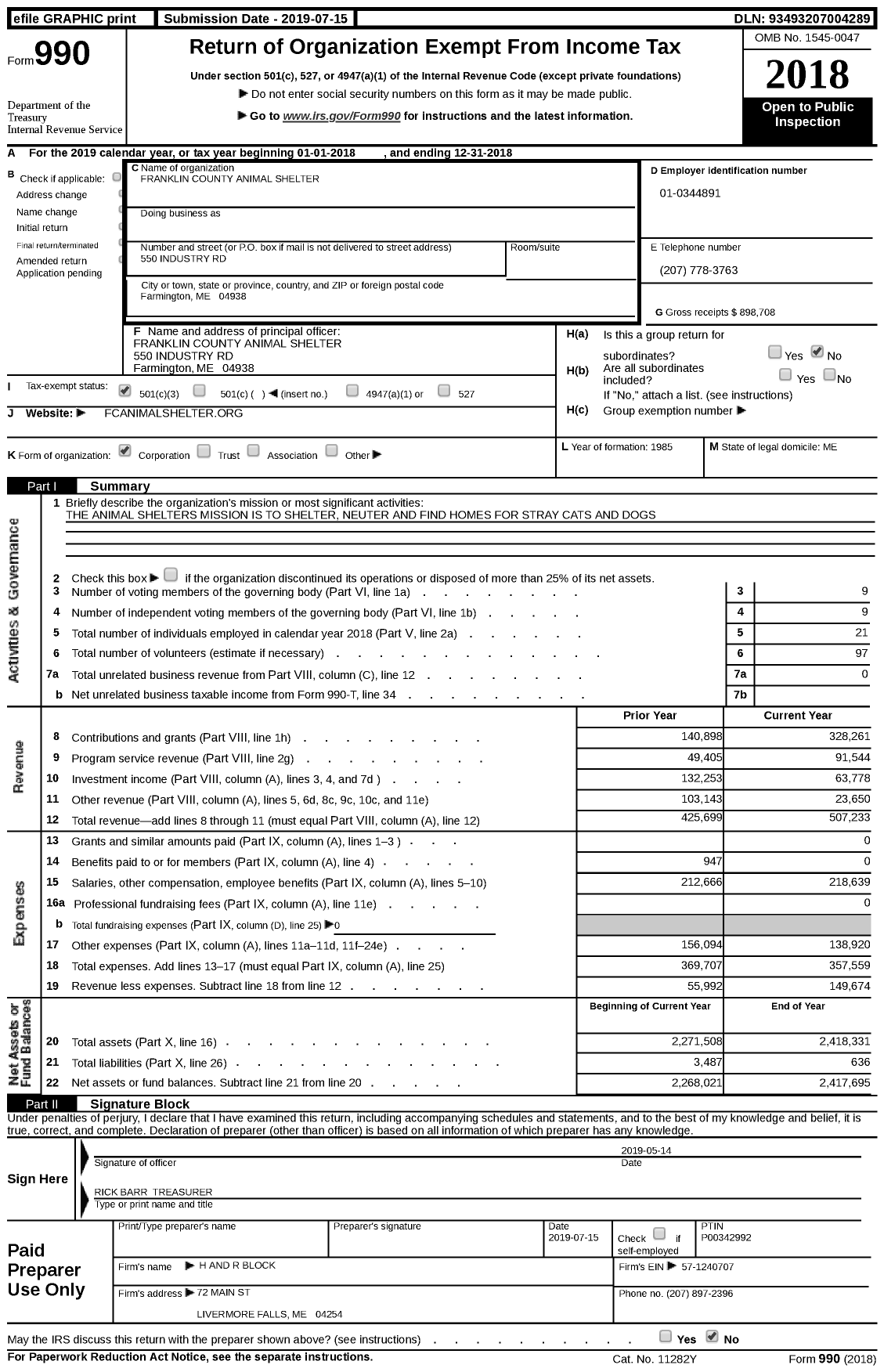 Image of first page of 2018 Form 990 for Franklin County Animal Shelter