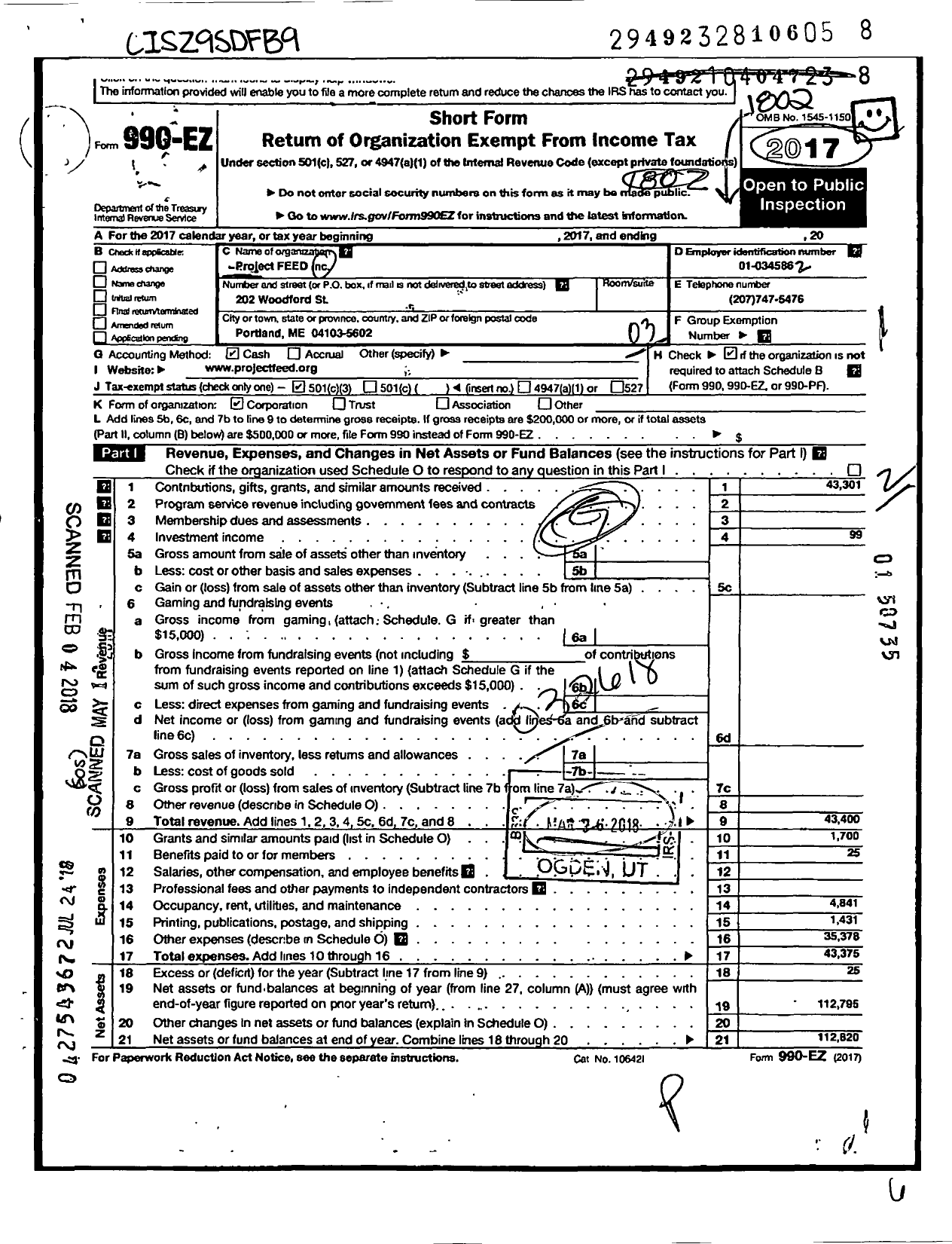 Image of first page of 2017 Form 990EZ for Project Feed