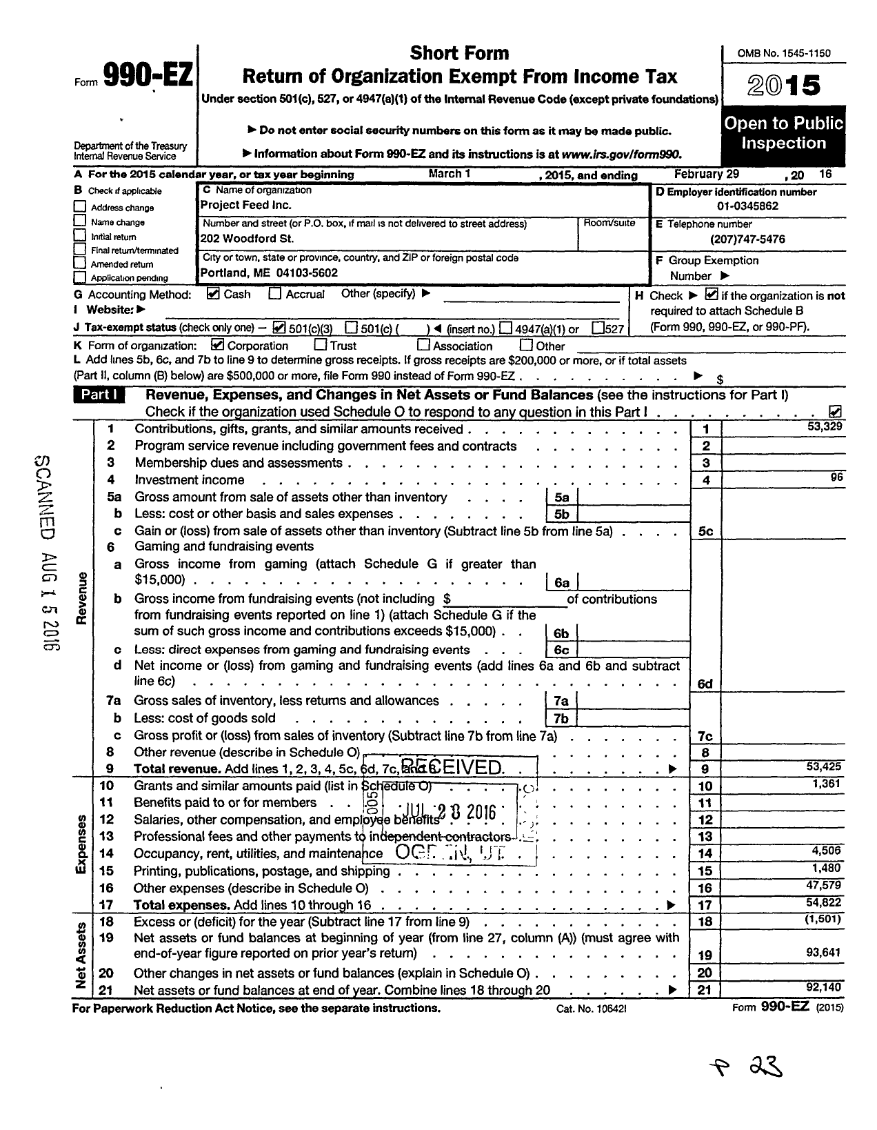 Image of first page of 2015 Form 990EZ for Project Feed