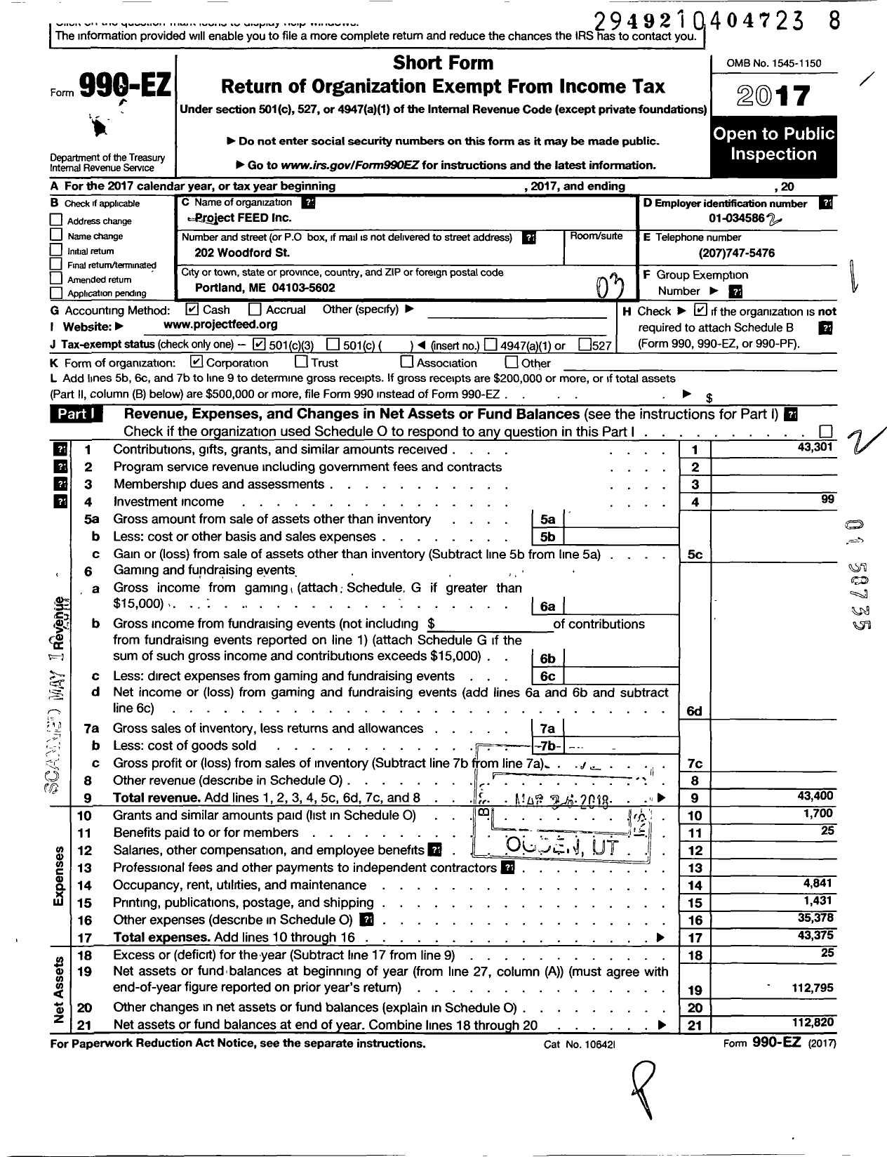 Image of first page of 2017 Form 990EZ for Project Feed