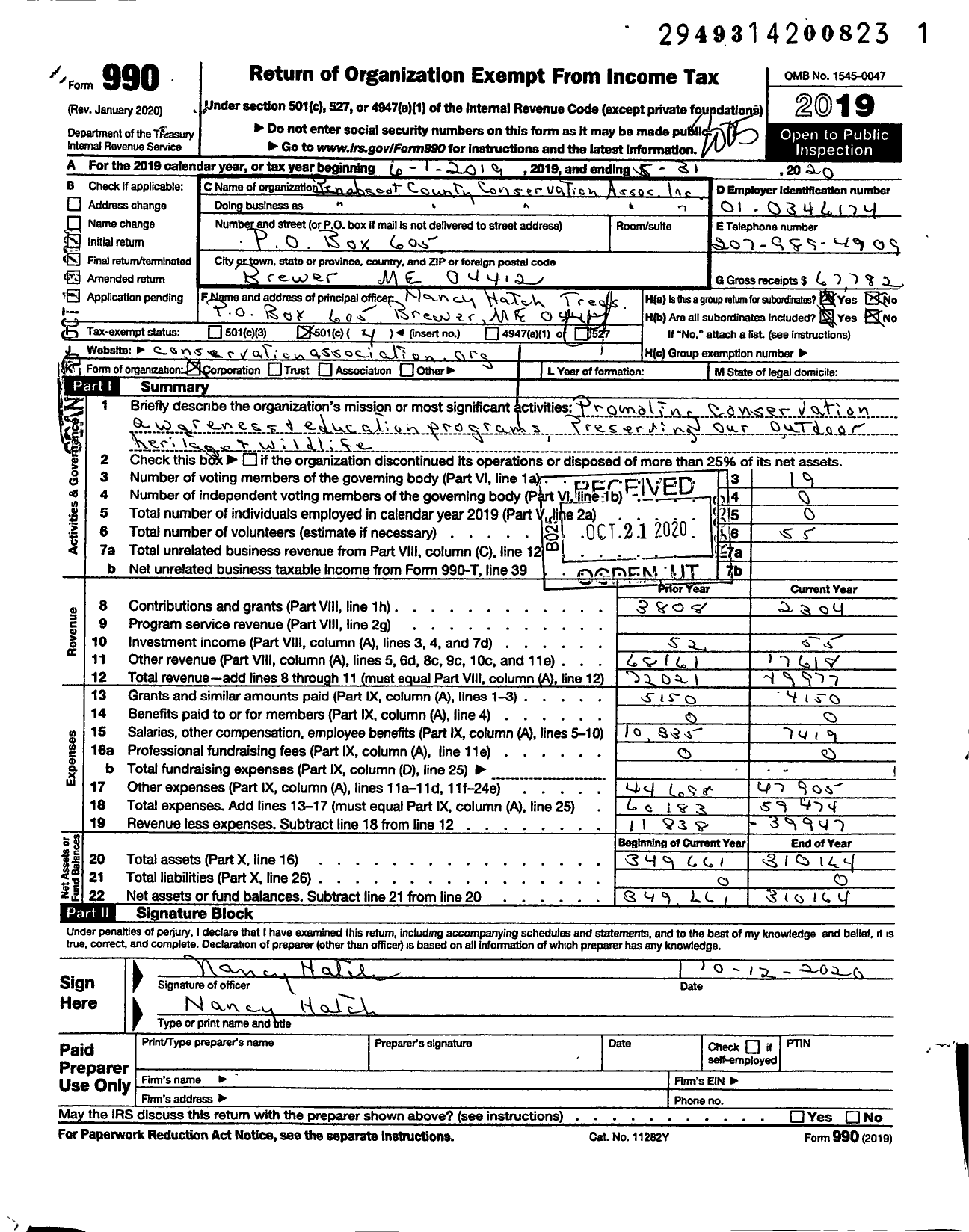 Image of first page of 2019 Form 990O for Penobscot County Conservation Association Inc21044