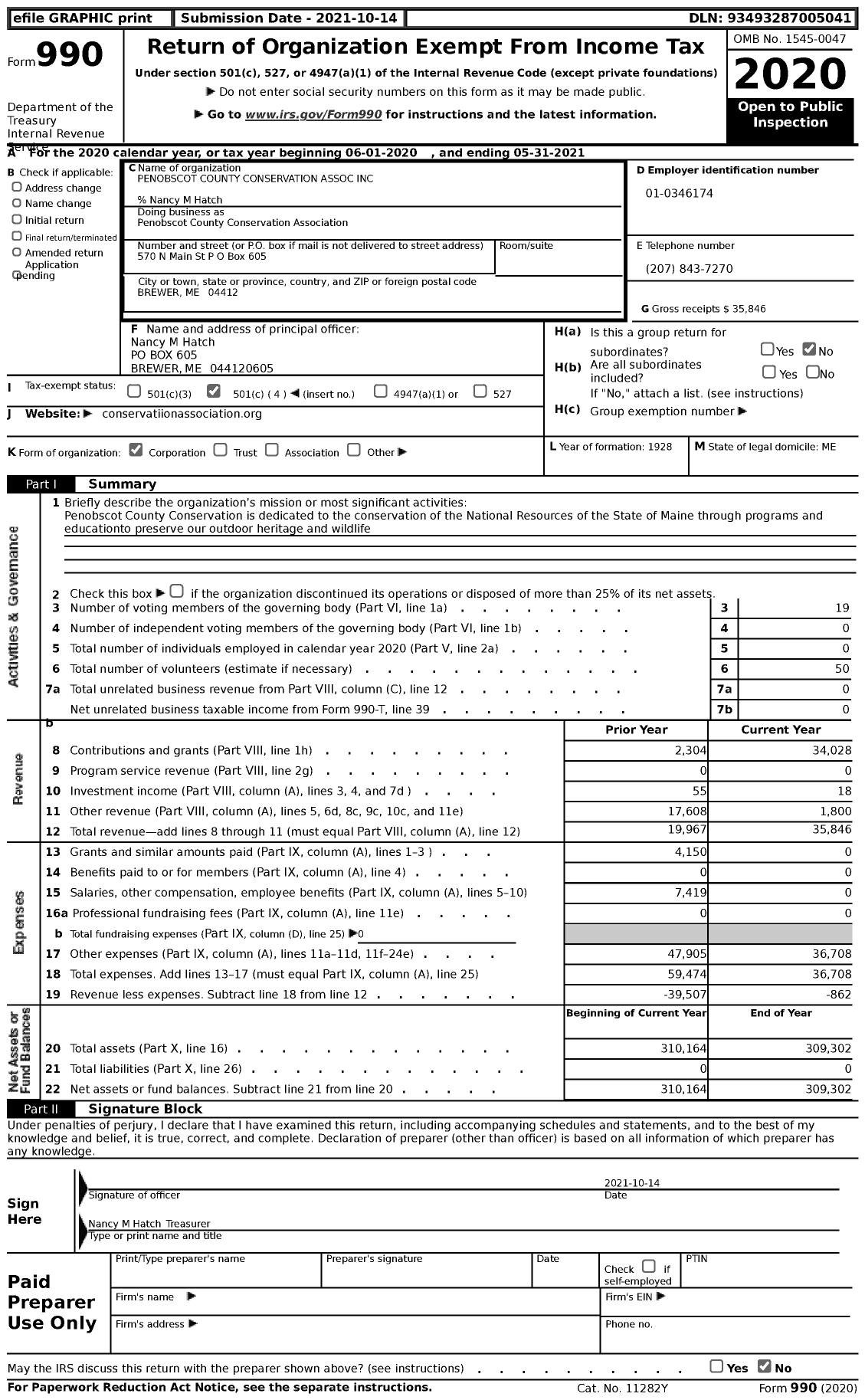 Image of first page of 2020 Form 990 for Penobscot County Conservation Association Inc21044