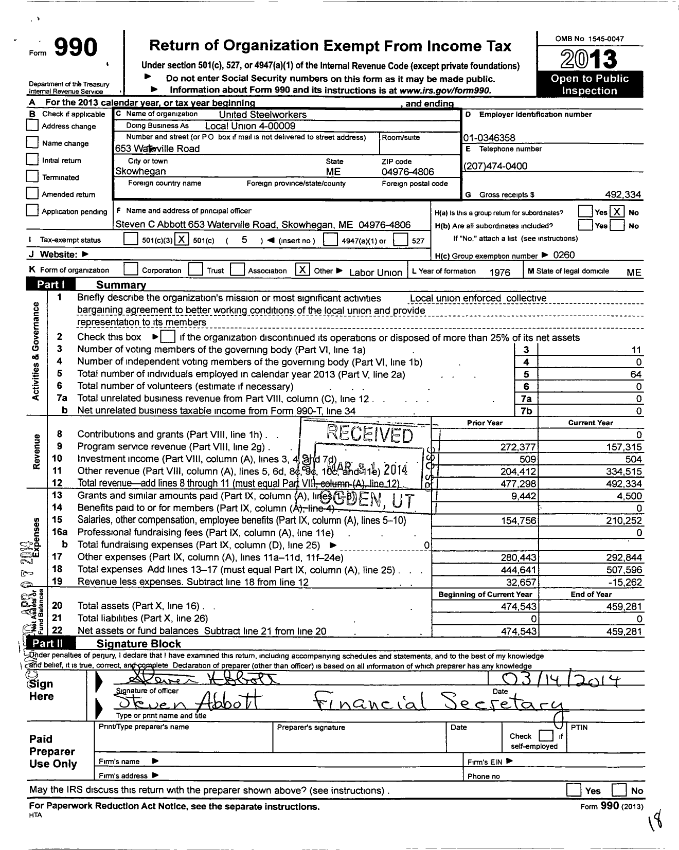 Image of first page of 2013 Form 990O for United Steelworkers - 4-9 Local