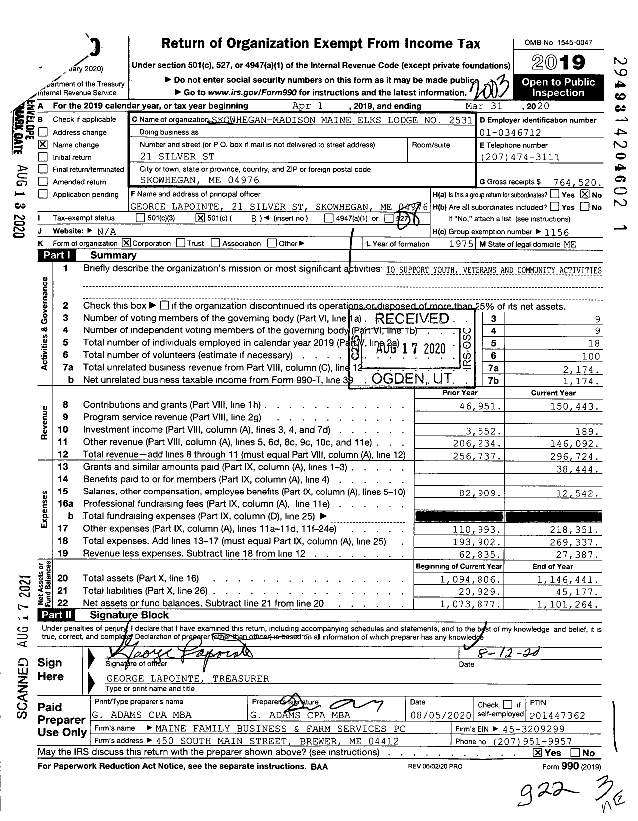 Image of first page of 2019 Form 990O for Benevolent and Protective Order of Elks - 2531 Skowhegan-Madison
