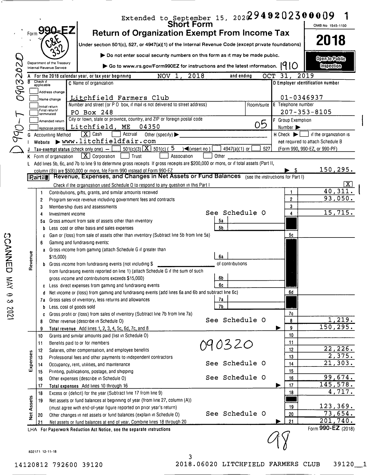 Image of first page of 2018 Form 990EO for Litchfield Farmers Club