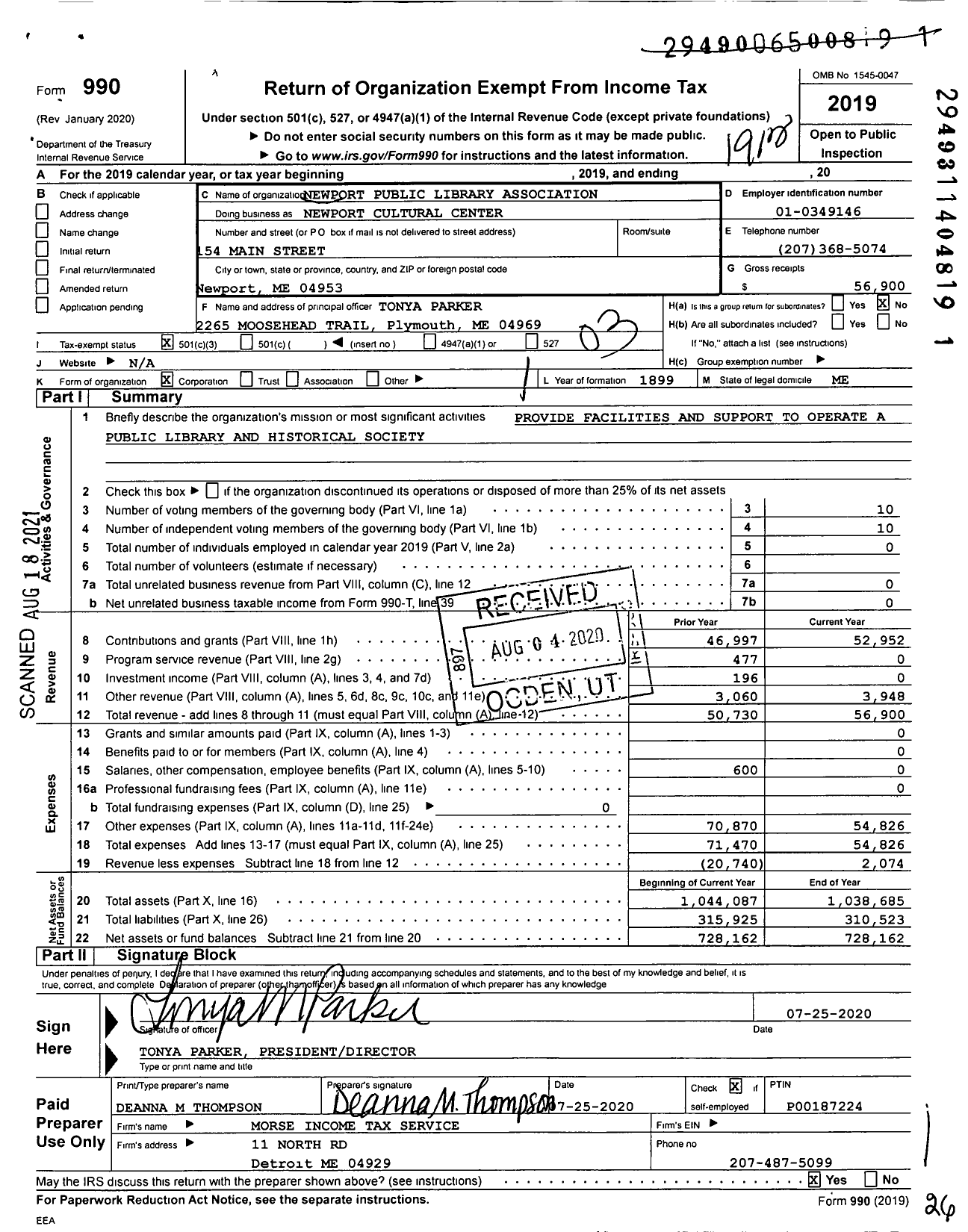 Image of first page of 2019 Form 990 for Newport Cultural Center