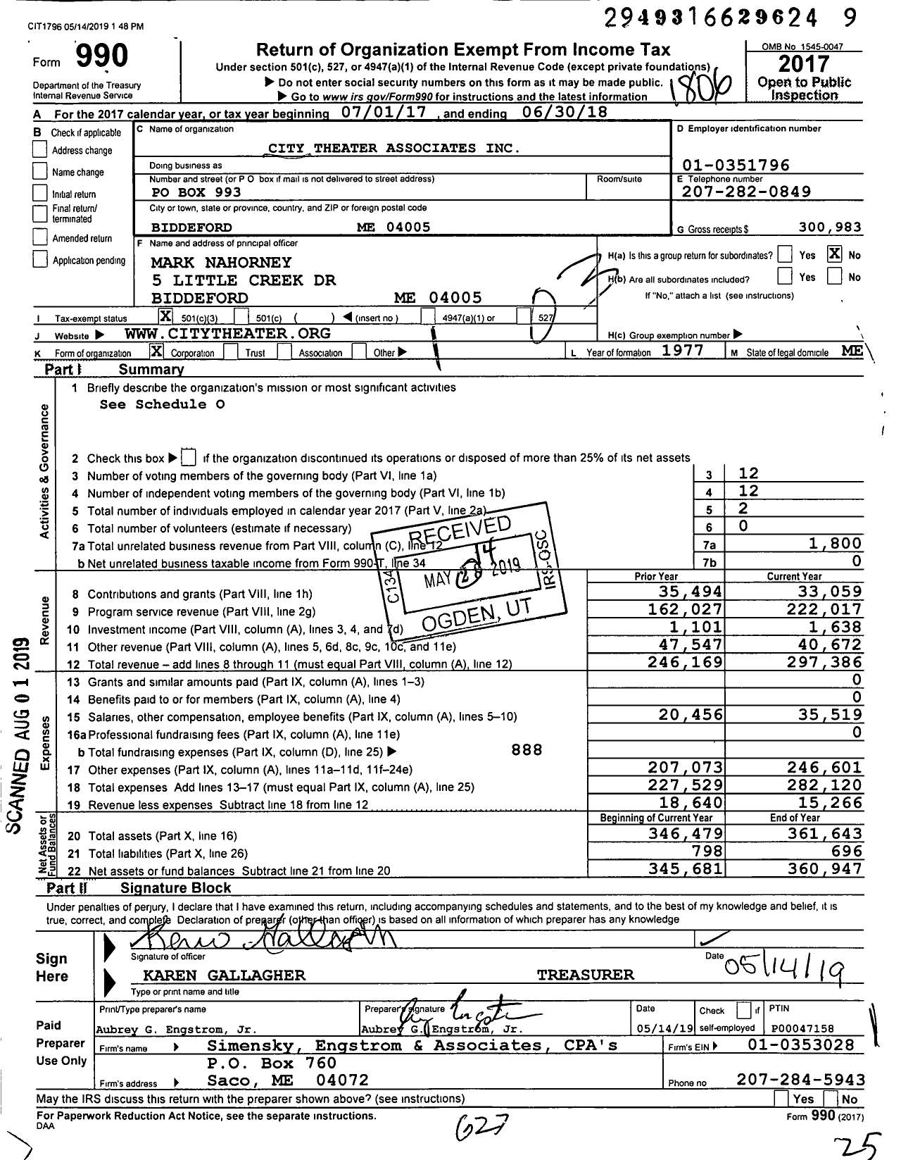 Image of first page of 2017 Form 990 for City Theater Associates