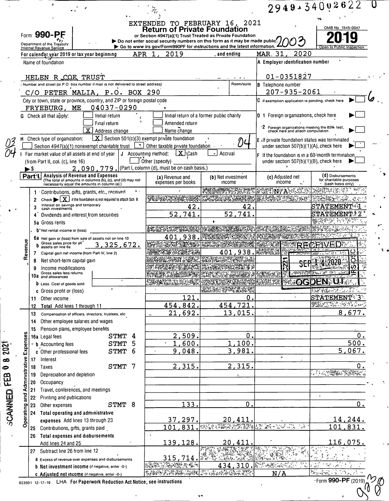 Image of first page of 2019 Form 990PF for Helen R Coe Trust