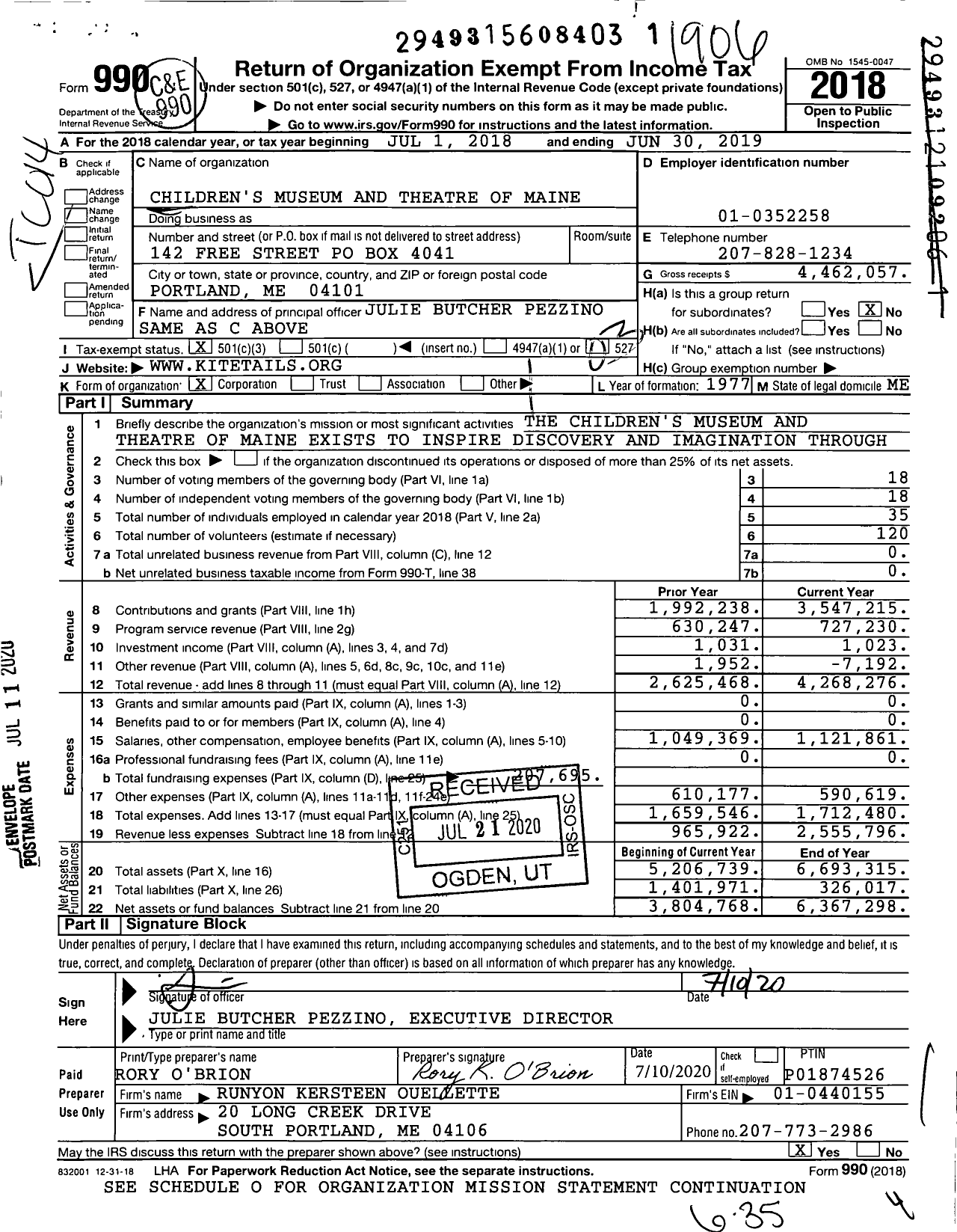 Image of first page of 2018 Form 990 for Children's Museum and Theatre of Maine