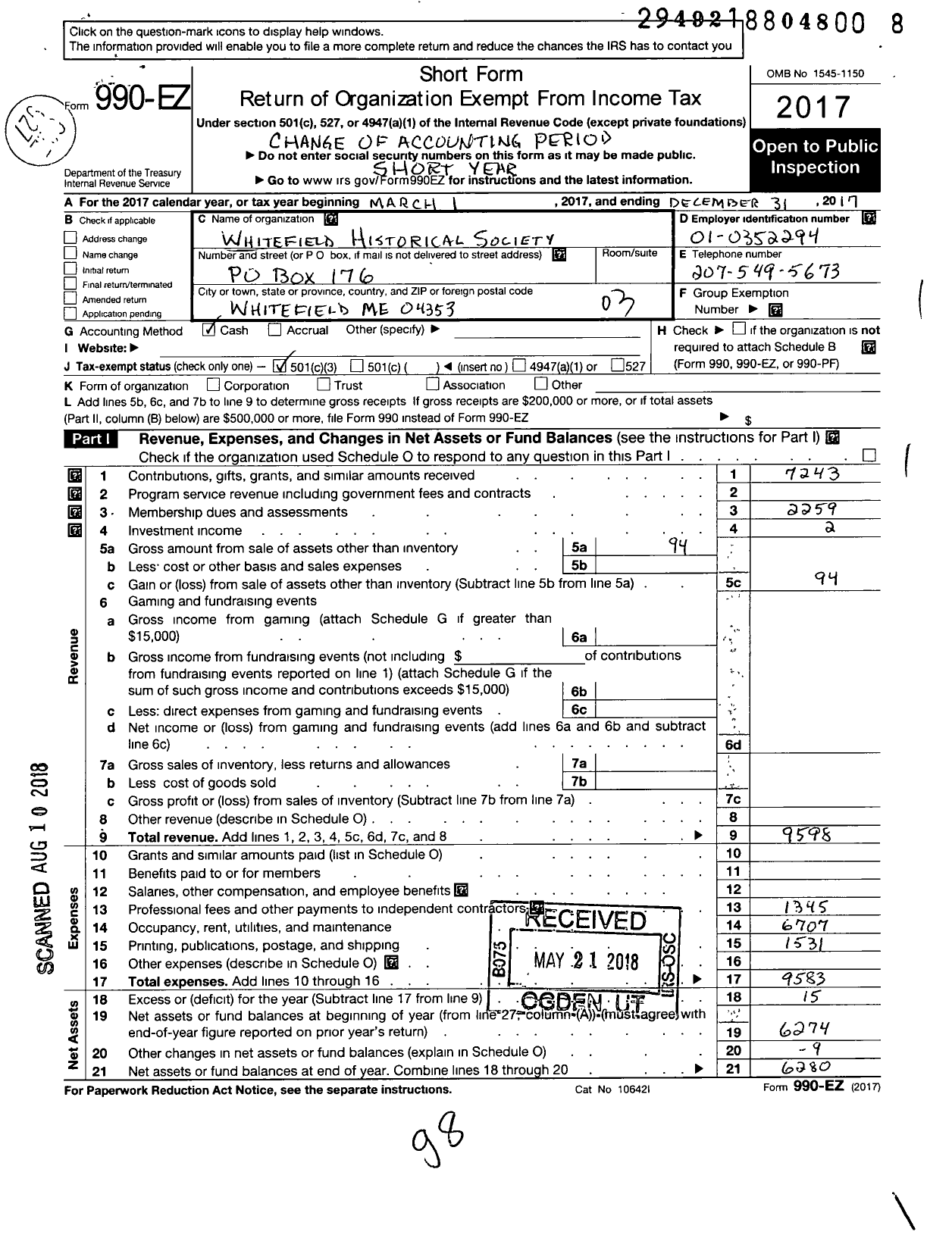 Image of first page of 2017 Form 990EZ for Whitefield Historical Society