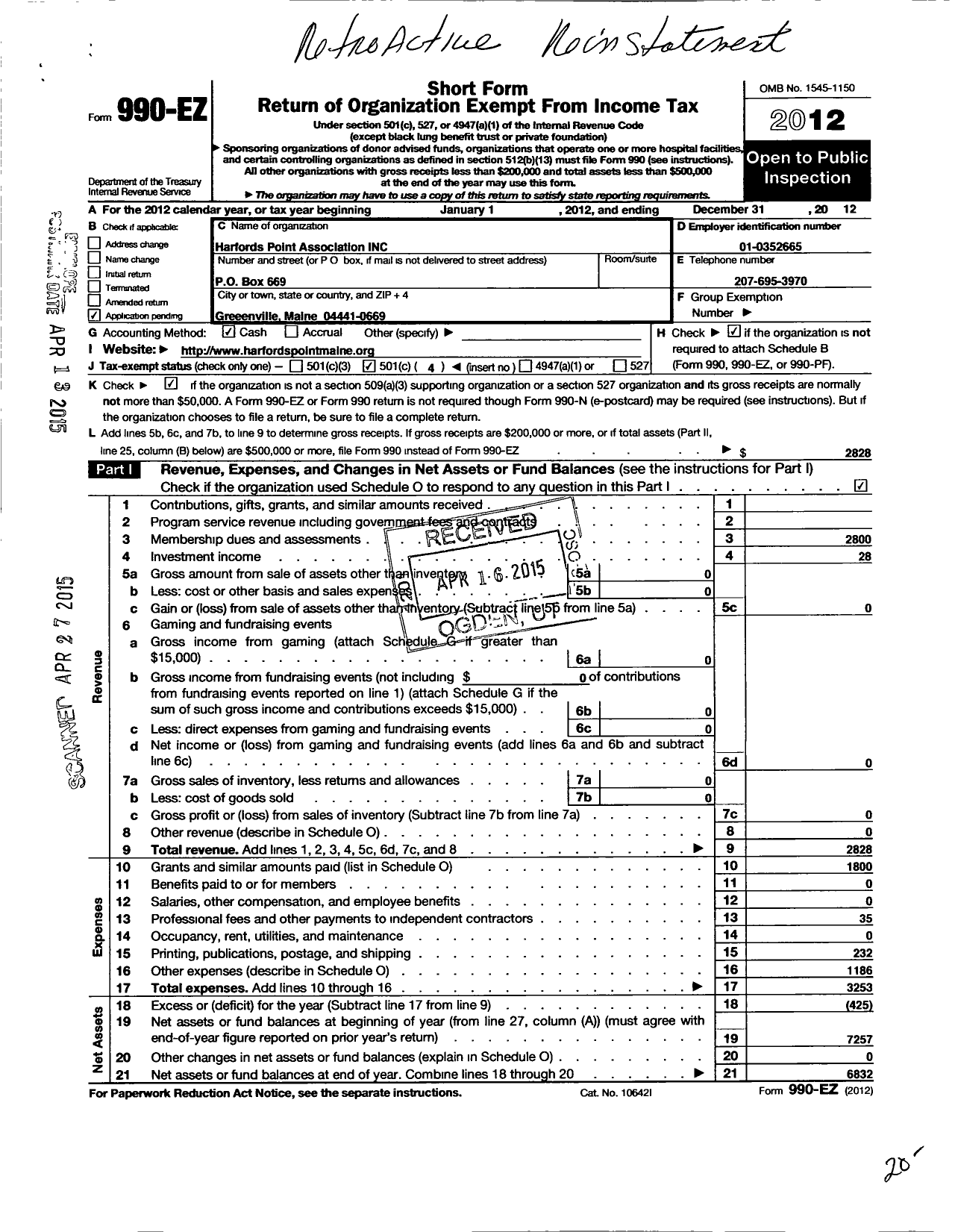 Image of first page of 2012 Form 990EO for Harfords Point Association