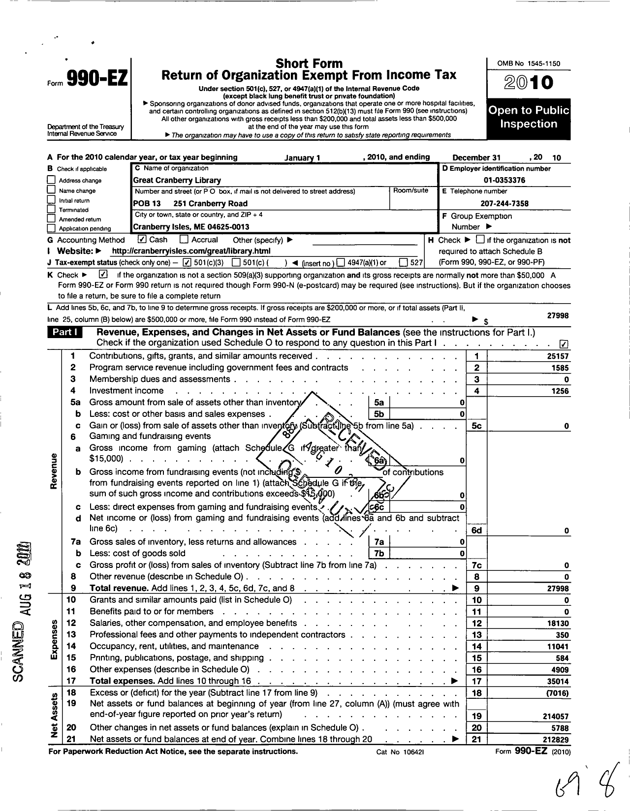 Image of first page of 2010 Form 990EZ for Great Cranberry Library