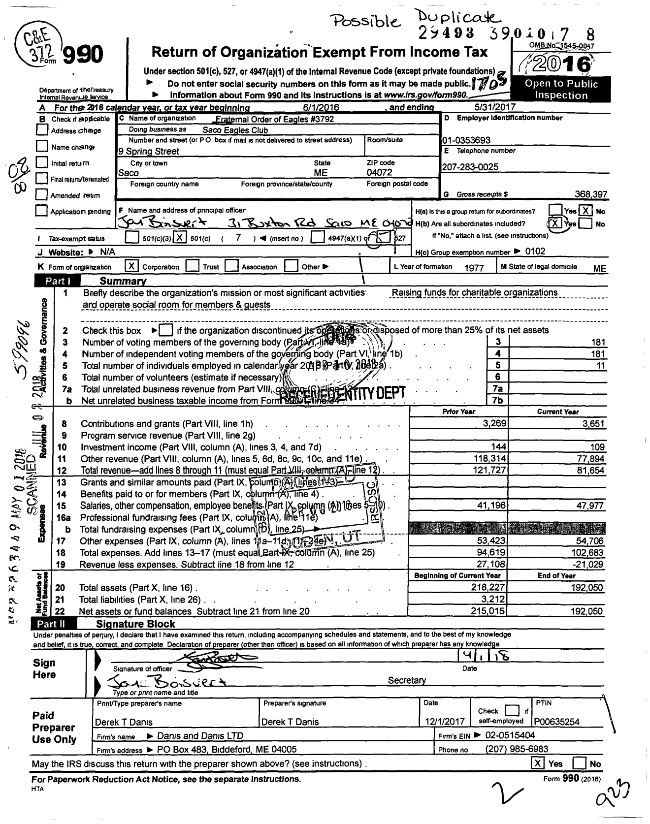 Image of first page of 2016 Form 990O for Fraternal Order of Eagles 3792