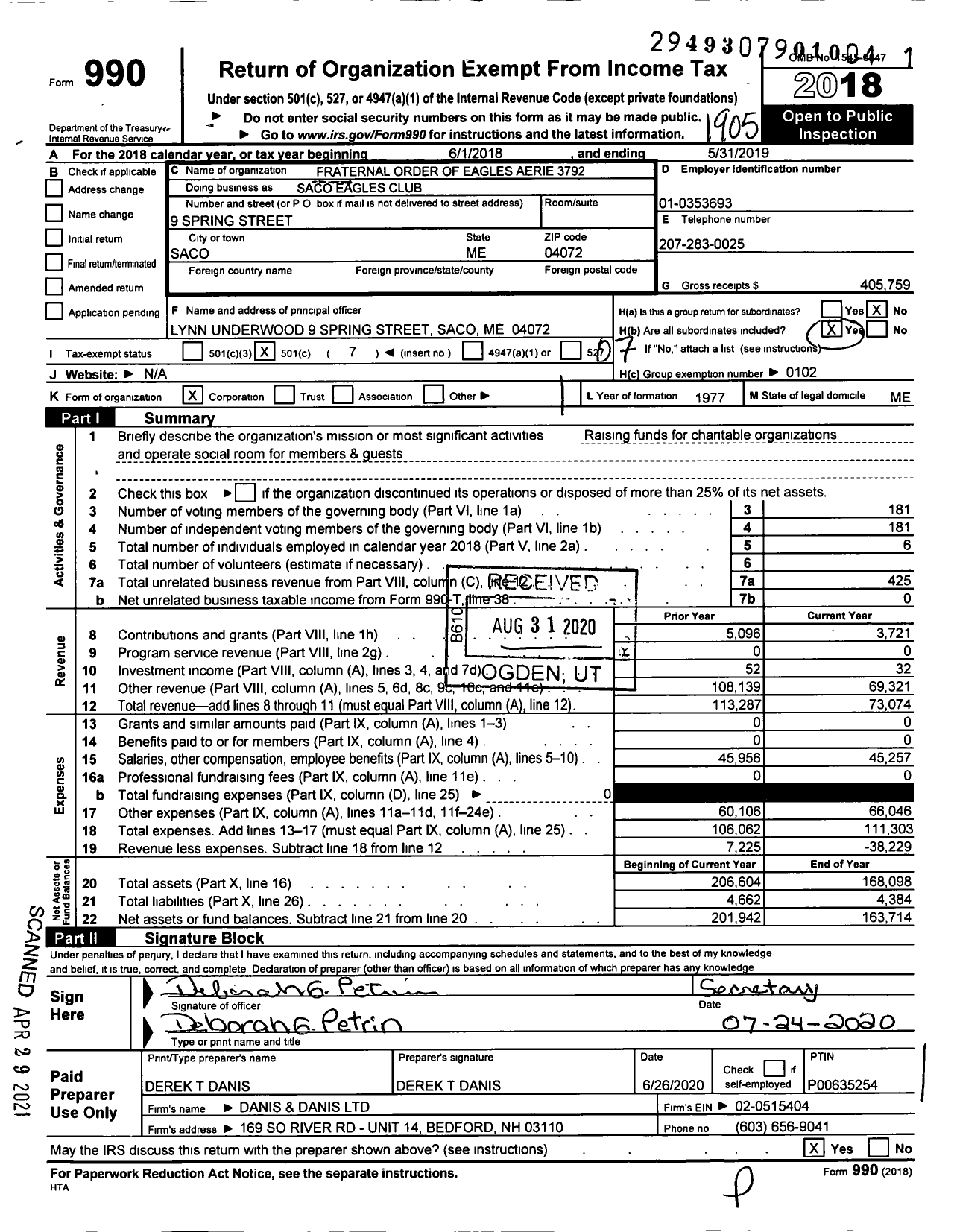 Image of first page of 2018 Form 990O for Fraternal Order of Eagles 3792