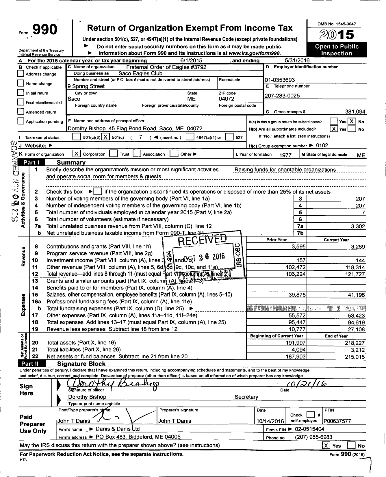 Image of first page of 2015 Form 990O for Fraternal Order of Eagles 3792