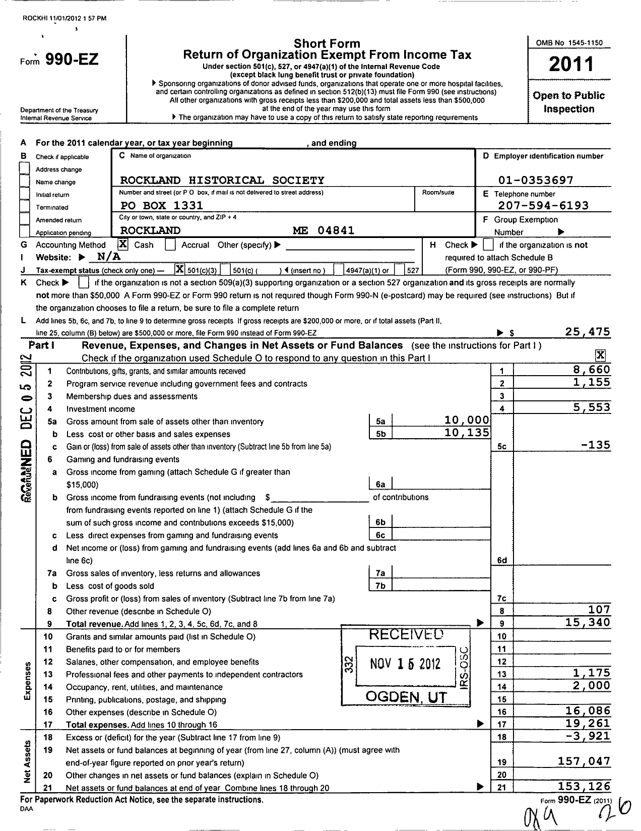 Image of first page of 2011 Form 990EZ for Rockland Historical Society