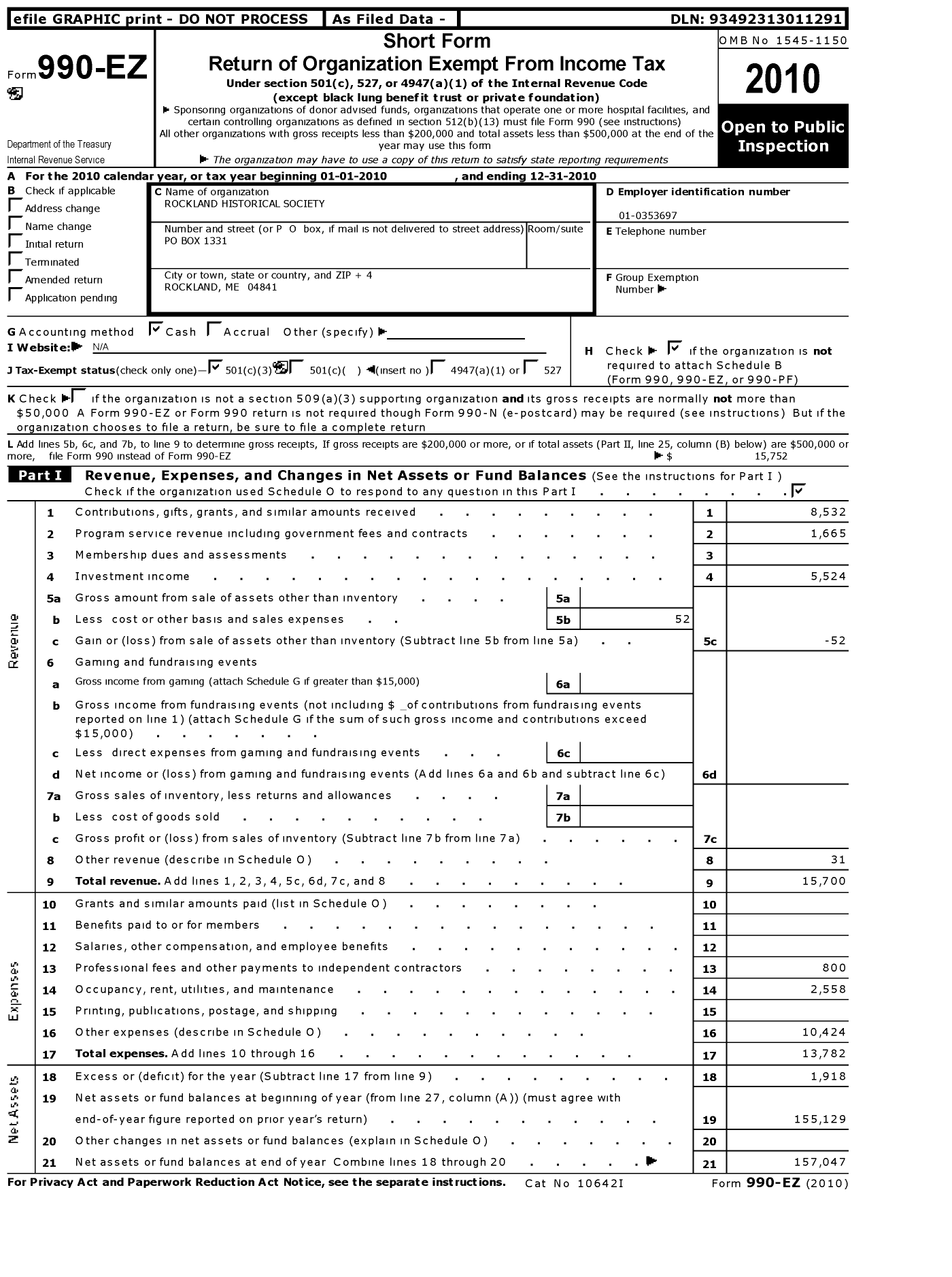 Image of first page of 2010 Form 990EZ for Rockland Historical Society