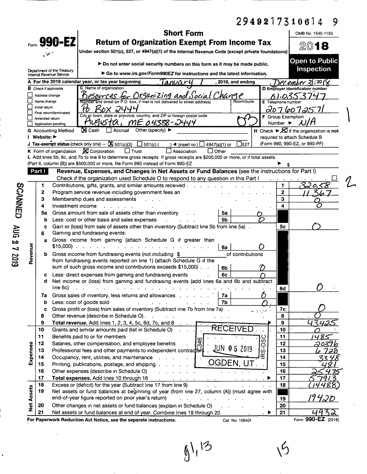 Image of first page of 2018 Form 990EZ for Resources for Organizing and Social Change