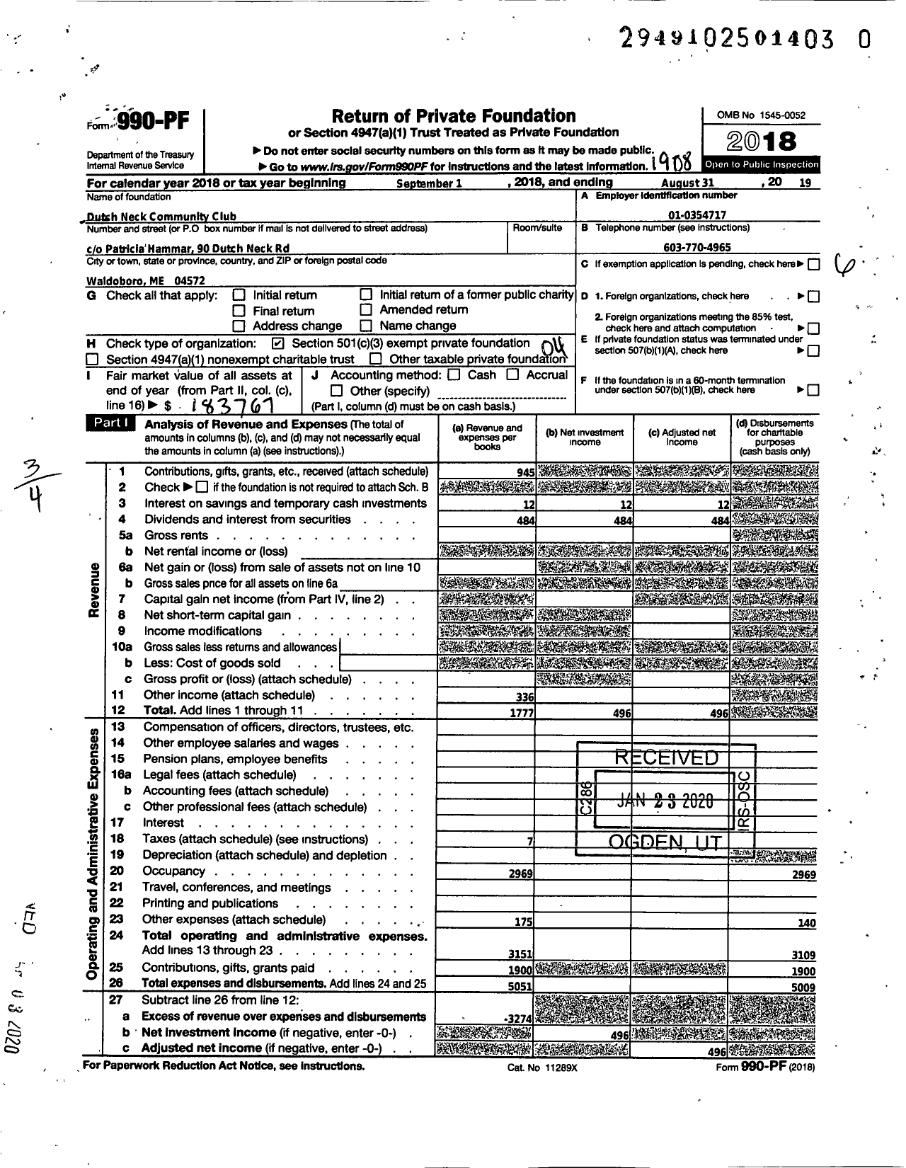 Image of first page of 2018 Form 990PR for Dutch Neck Community Club