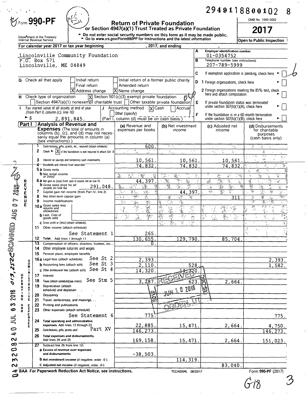 Image of first page of 2017 Form 990PF for Lincolnville Community Foundation