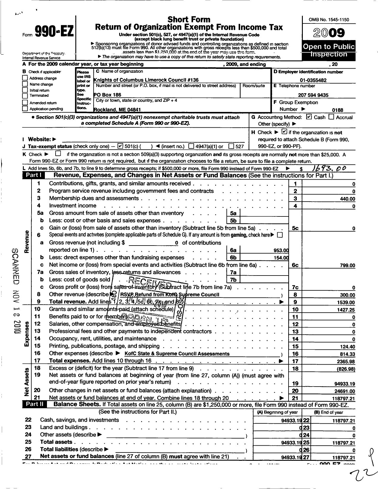 Image of first page of 2009 Form 990EO for Knights of Columbus - 136 Lime Rock Council