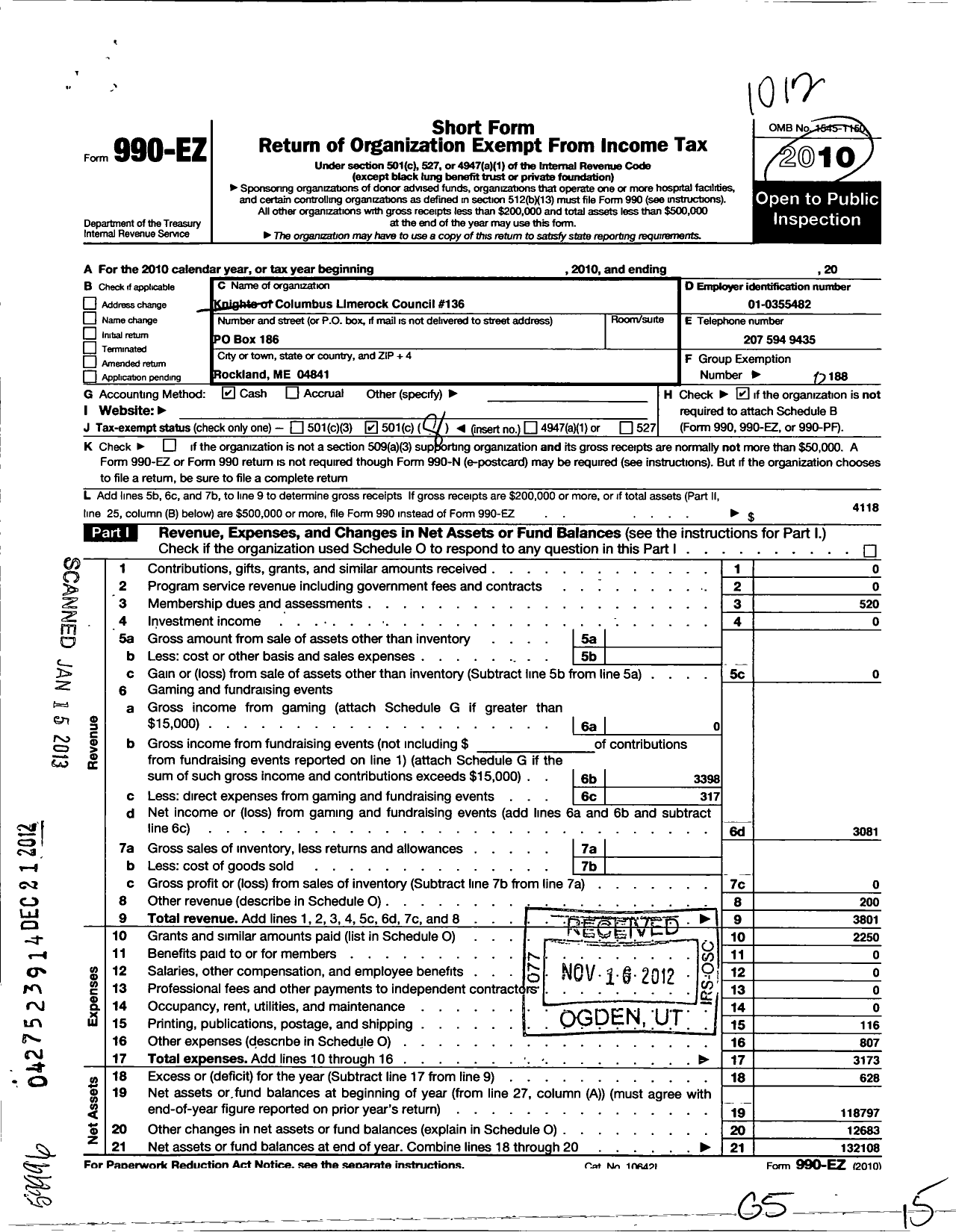 Image of first page of 2010 Form 990EO for Knights of Columbus - 136 Lime Rock Council