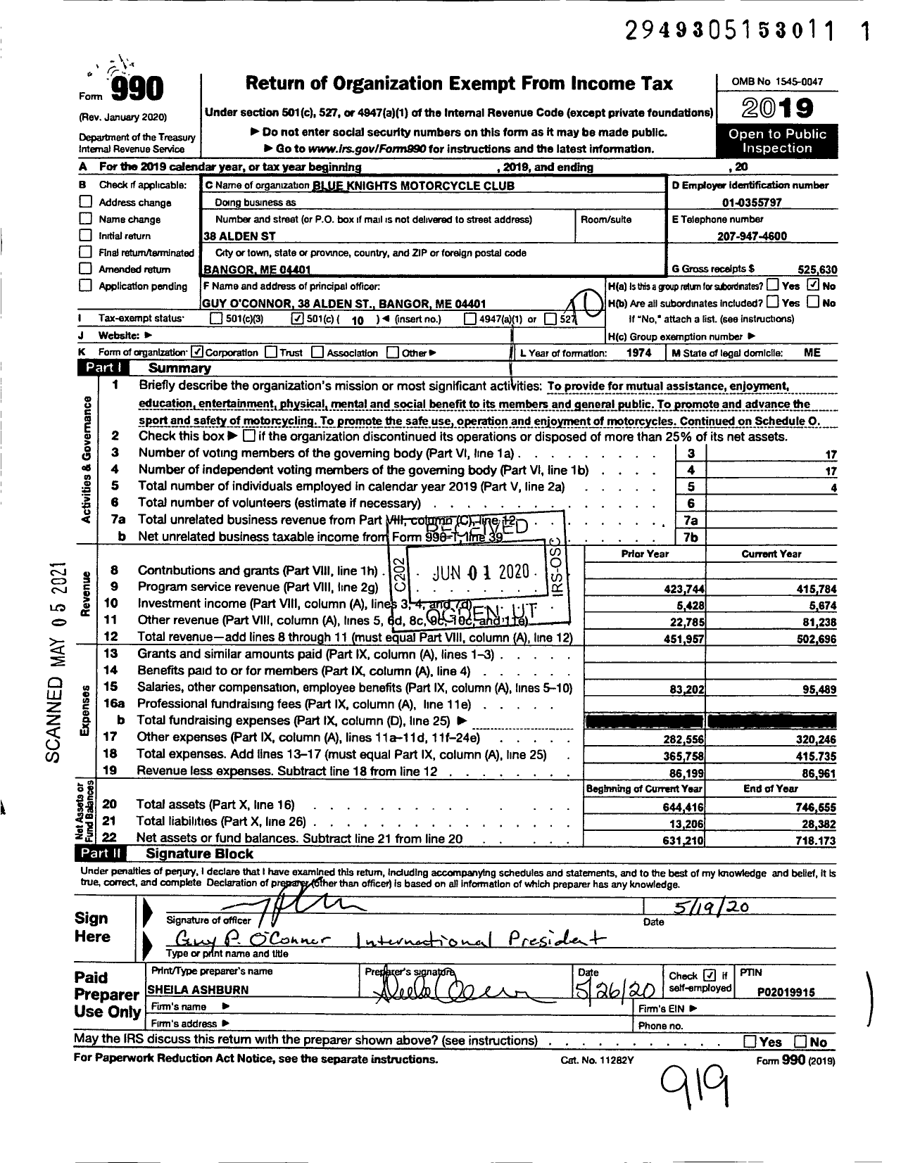 Image of first page of 2019 Form 990O for Blue Knights Motorcycle Club