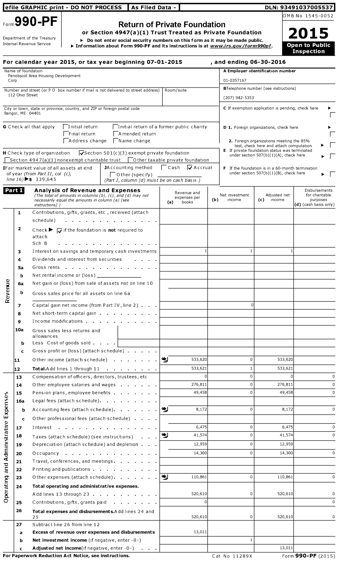 Image of first page of 2015 Form 990PF for Penobscot Area Housing Development Corp