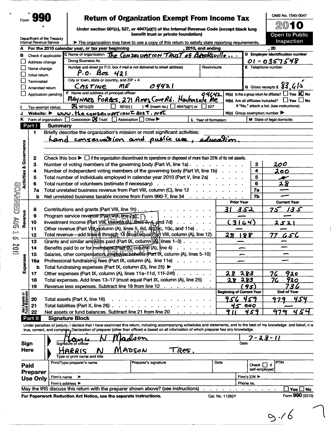 Image of first page of 2010 Form 990 for The Conservation Trust of Brooksville Castine and Penobscot