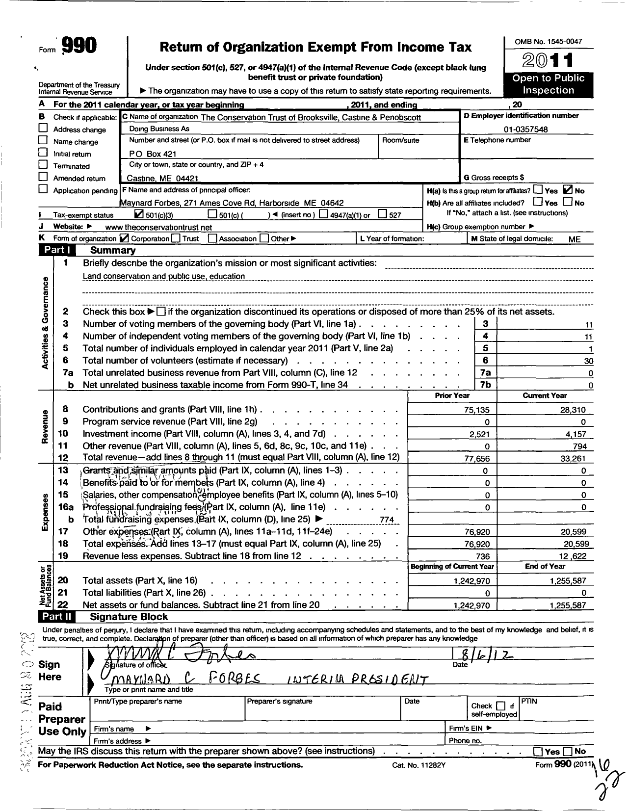 Image of first page of 2011 Form 990 for The Conservation Trust of Brooksville Castine and Penobscot