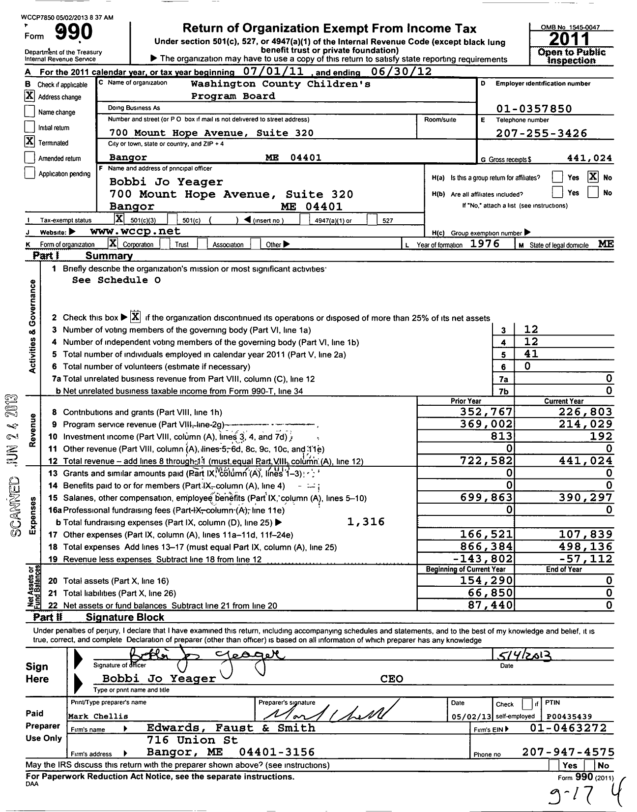 Image of first page of 2011 Form 990 for Washington County Childrens Program Board