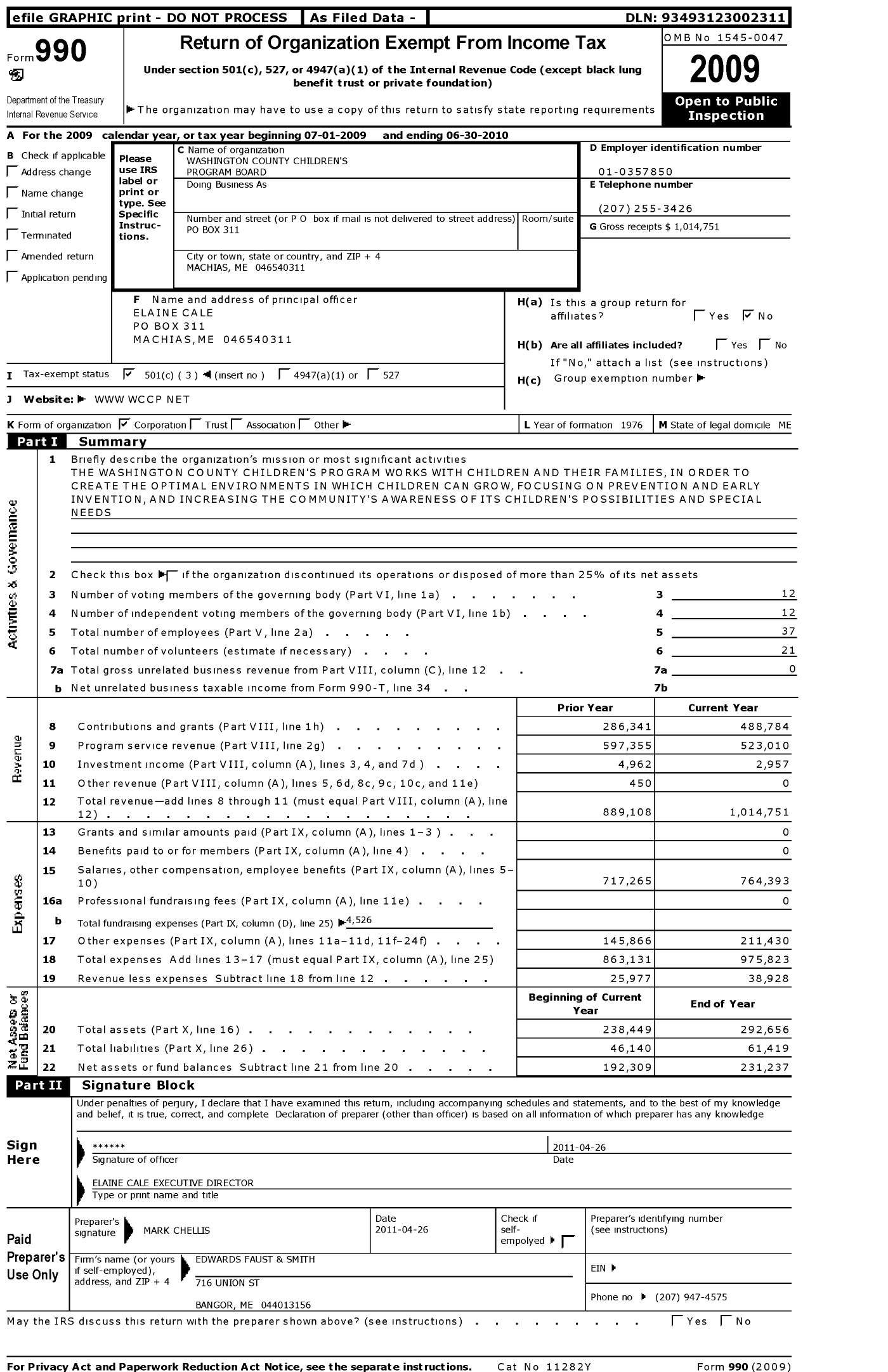 Image of first page of 2009 Form 990 for Washington County Childrens Program Board