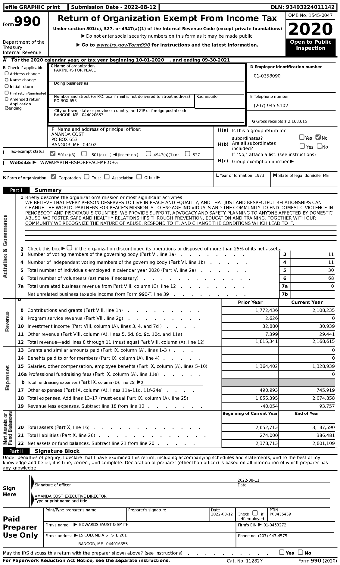 Image of first page of 2020 Form 990 for Partners for Peace