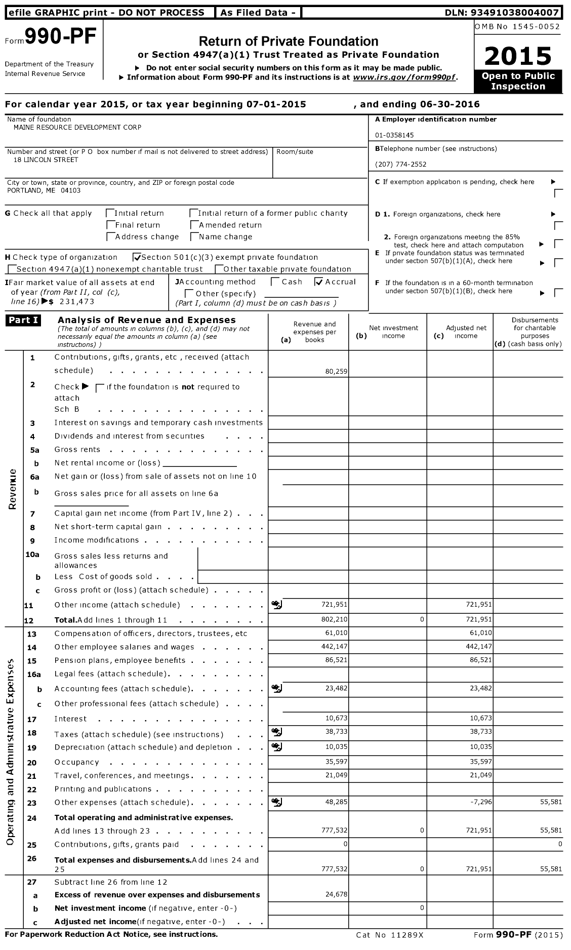 Image of first page of 2015 Form 990PF for Maine Resource Development Corp