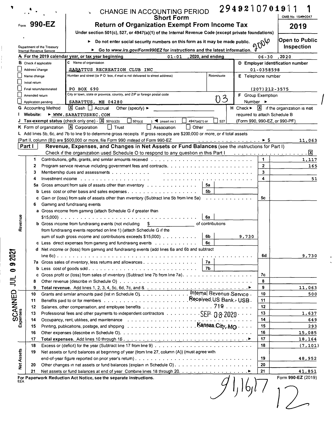 Image of first page of 2019 Form 990EZ for Sabattus Recreation Club