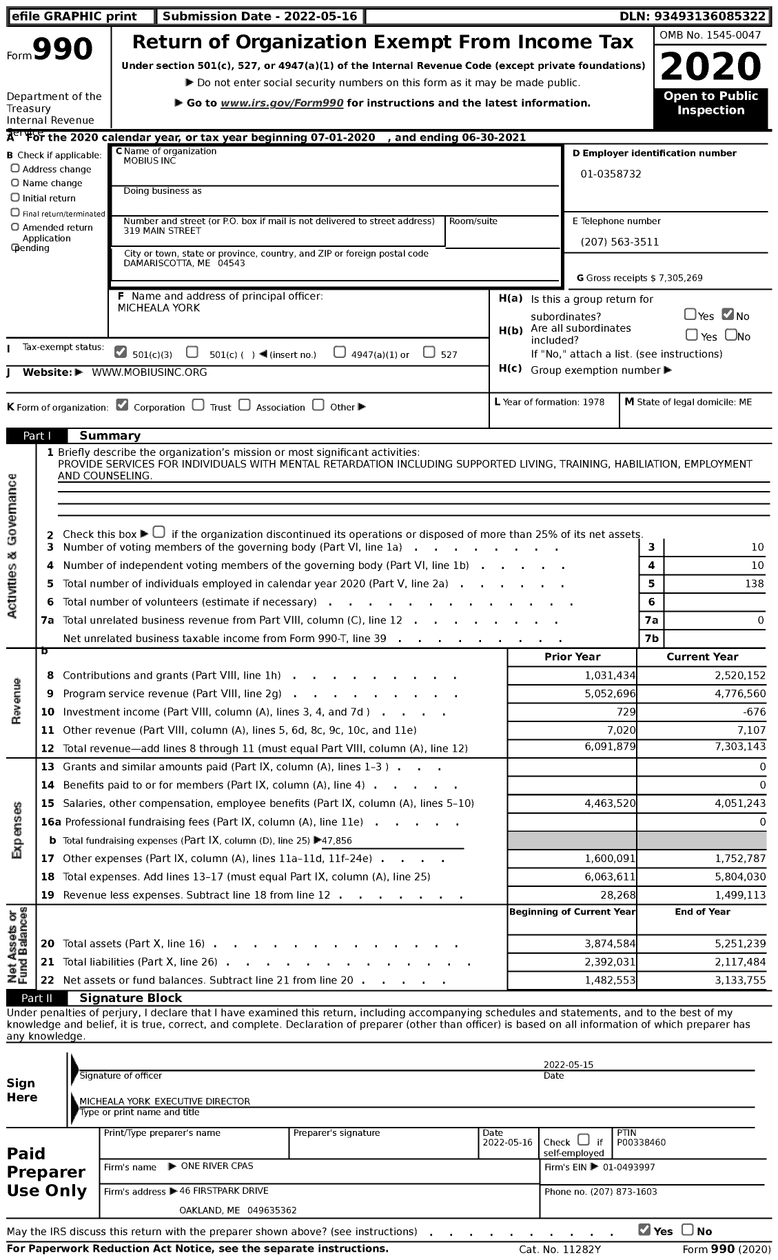 Image of first page of 2020 Form 990 for Mobius