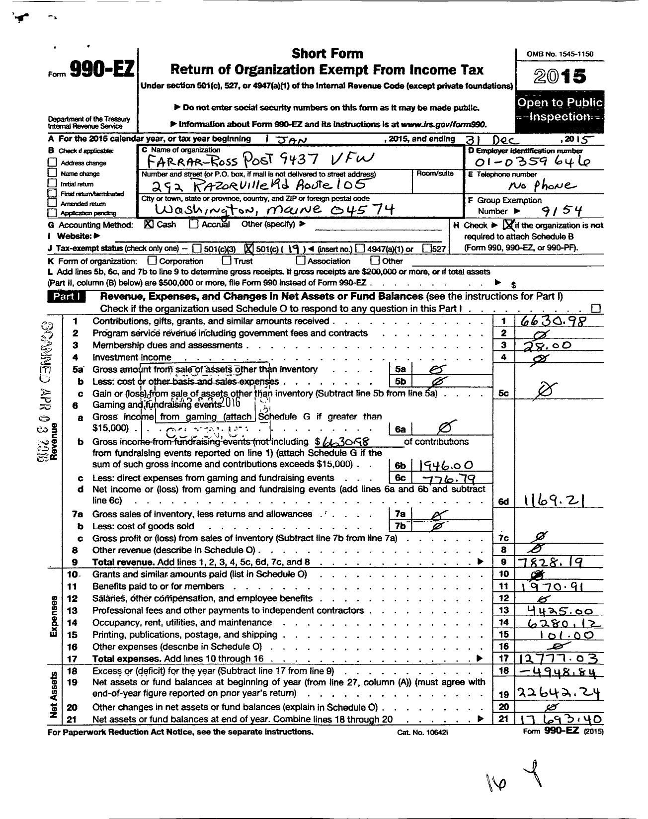 Image of first page of 2015 Form 990EO for Veterans of Foreign Wars of the United States Dept of Maine - 9437 Farrar-Ross Post