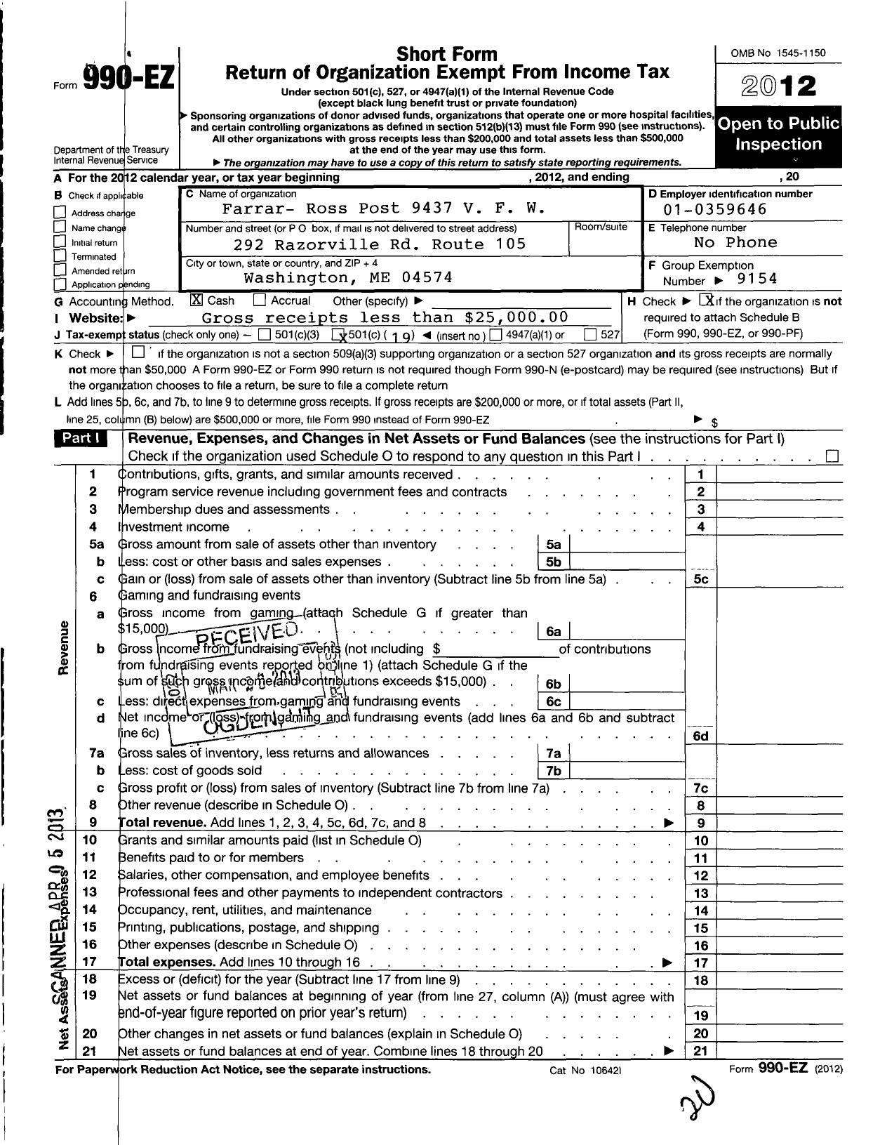 Image of first page of 2012 Form 990EO for Veterans of Foreign Wars of the United States Dept of Maine - 9437 Farrar-Ross Post