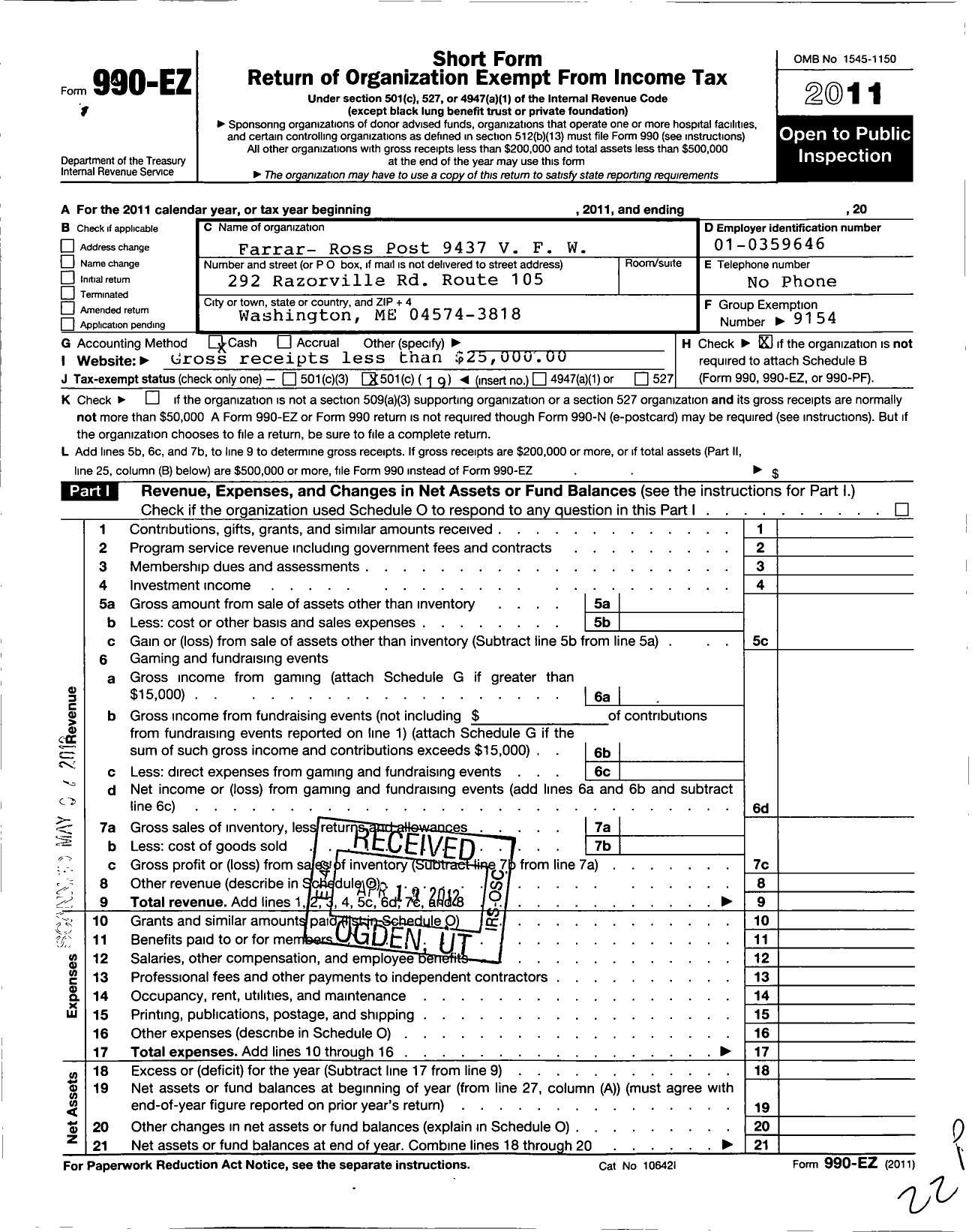 Image of first page of 2011 Form 990EO for Veterans of Foreign Wars of the United States Dept of Maine - 9437 Farrar-Ross Post