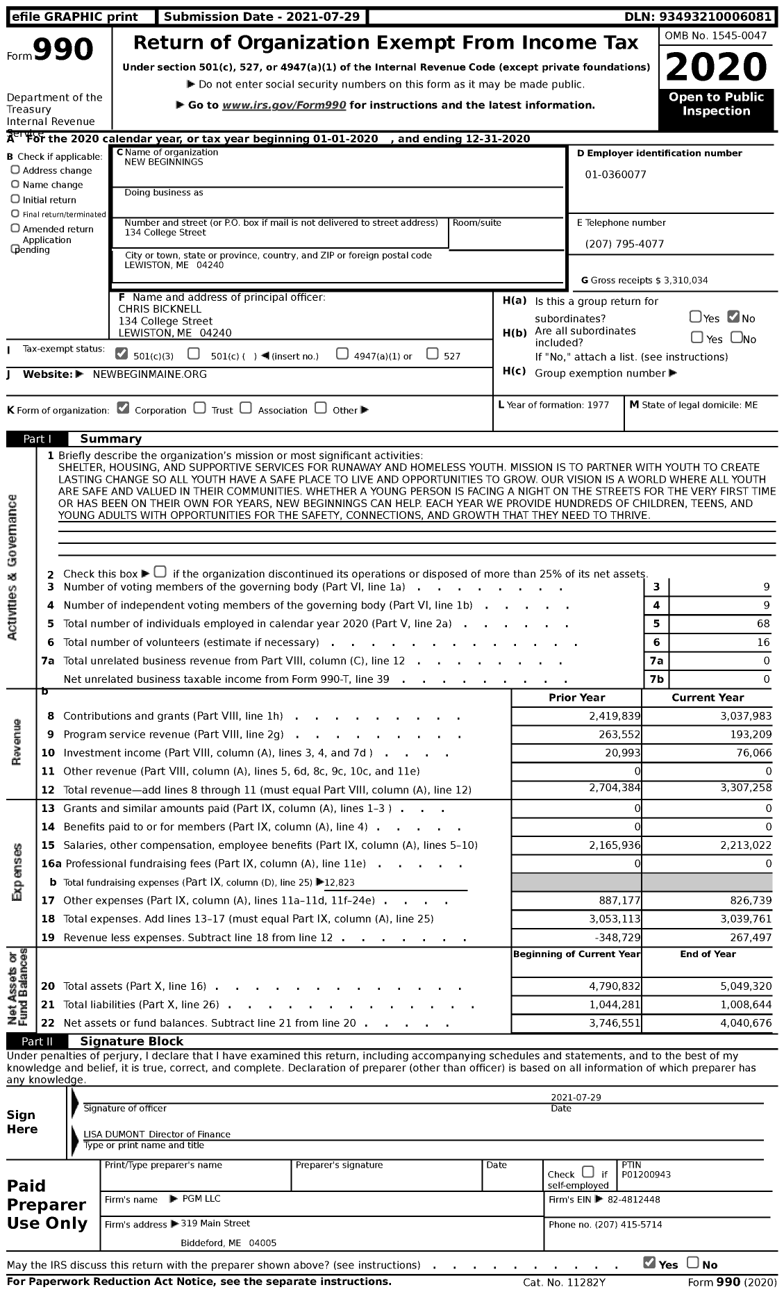 Image of first page of 2020 Form 990 for New Beginnings