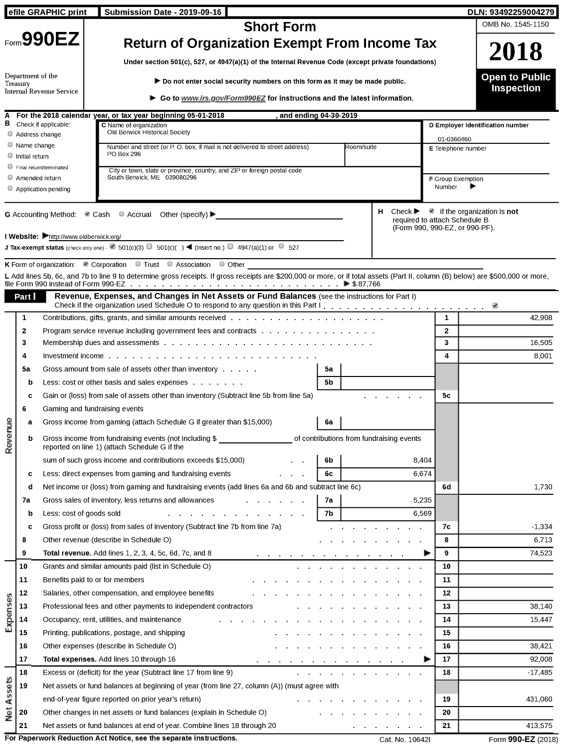 Image of first page of 2018 Form 990EZ for Old Berwick Historical Society