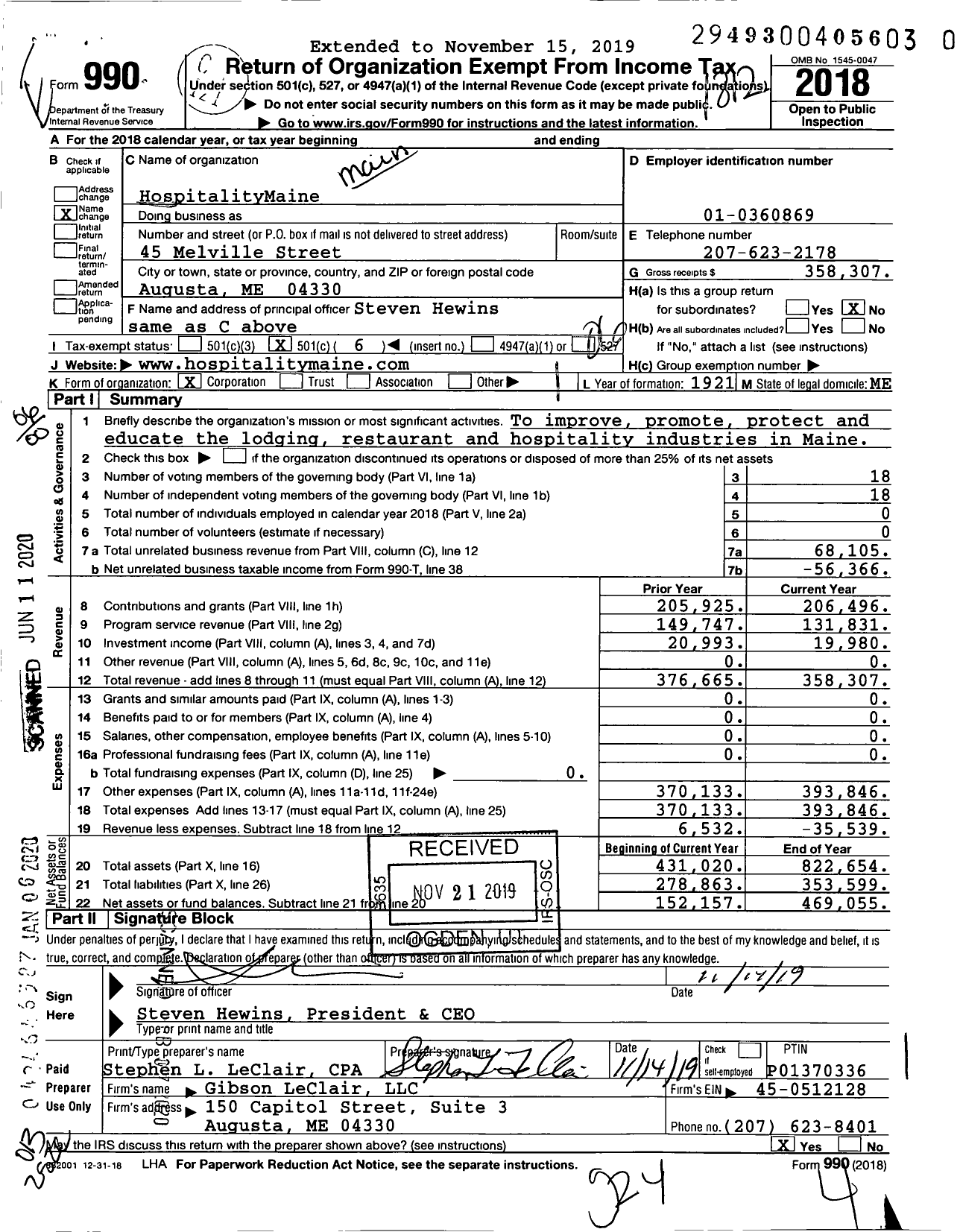 Image of first page of 2018 Form 990O for Hospitalitymaine