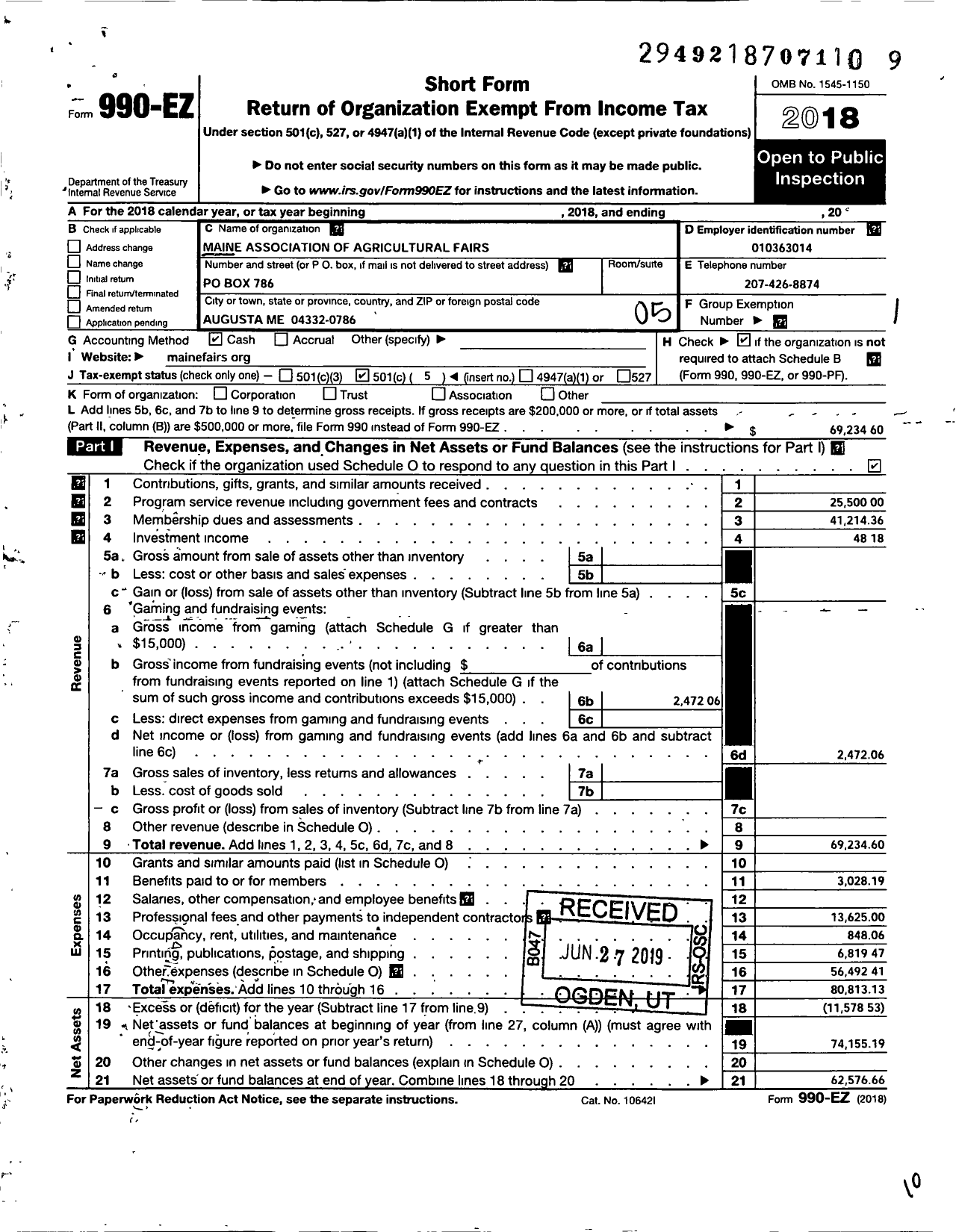 Image of first page of 2018 Form 990EO for Maine Association of Agricultural Fairs