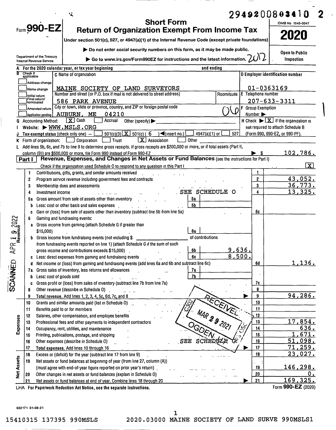 Image of first page of 2020 Form 990EO for Maine Society of Land Surveyors