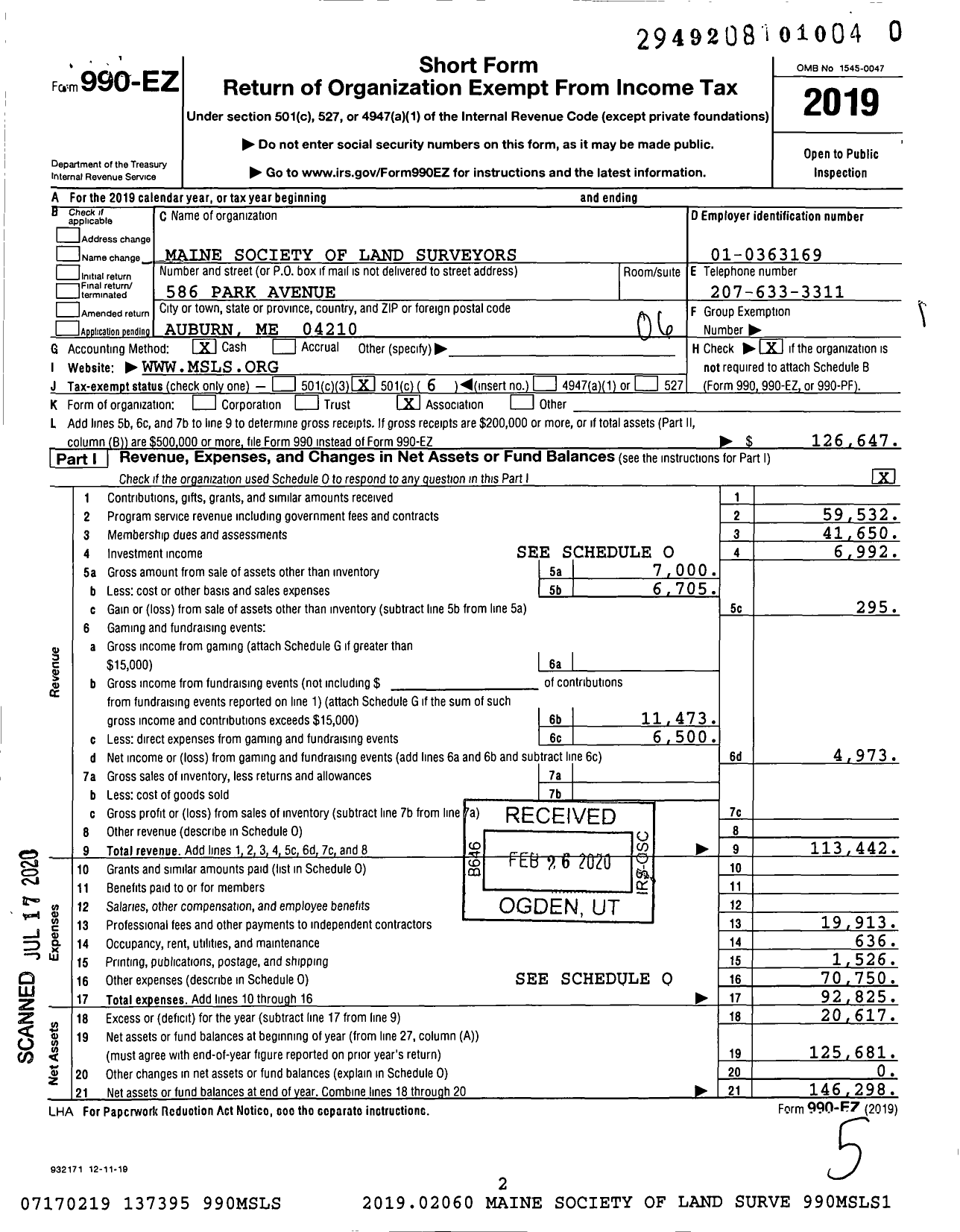 Image of first page of 2019 Form 990EO for Maine Society of Land Surveyors