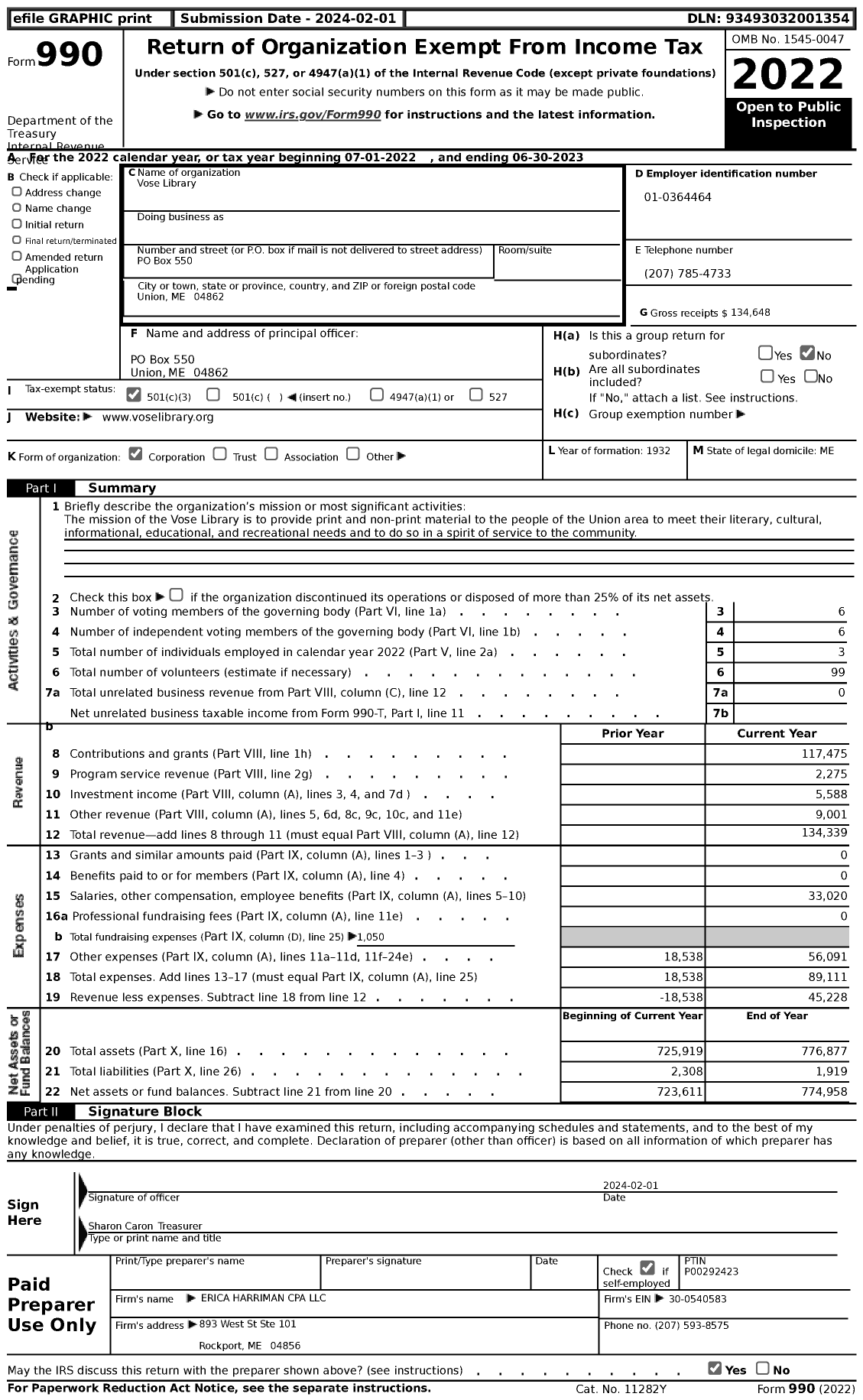 Image of first page of 2022 Form 990 for Vose Library